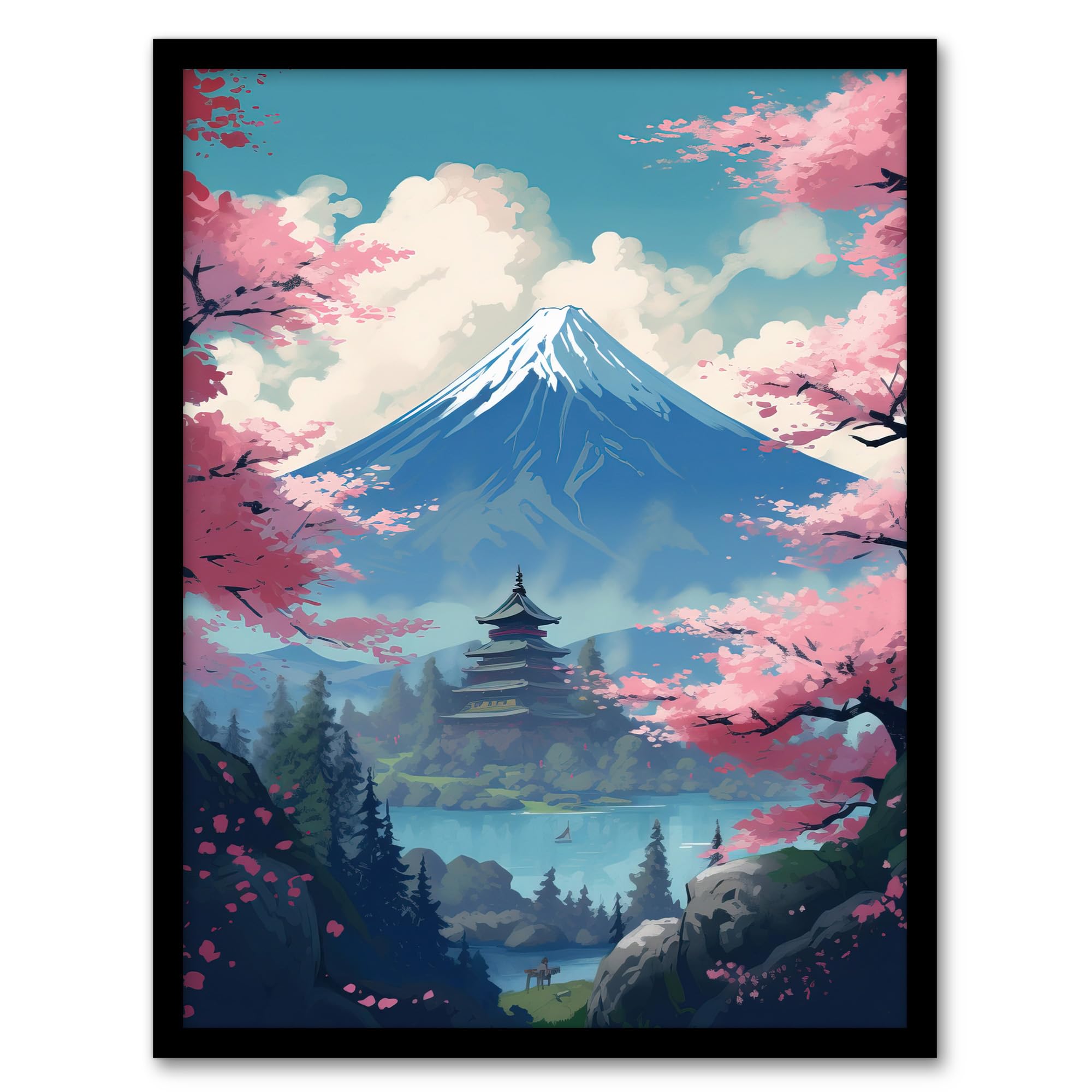 Artery8 Japanese Temple on Mount Fuji Lake Painting Green Blue Pink Cherry Blossom Trees Blooming in Tranquil Forest Landscape Artwork Framed Wall Art Print A4