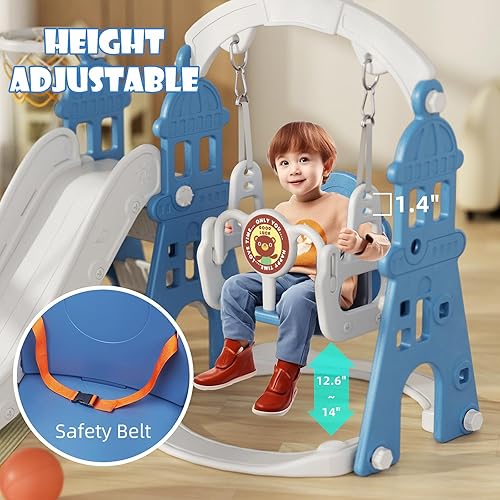 Miniatura 5 de KORIMEFA Juego de toboganes y columpios 4 en 1 para niños, tobogán para niños pequeños con aro de baloncesto, columpio, parque infantil interior y