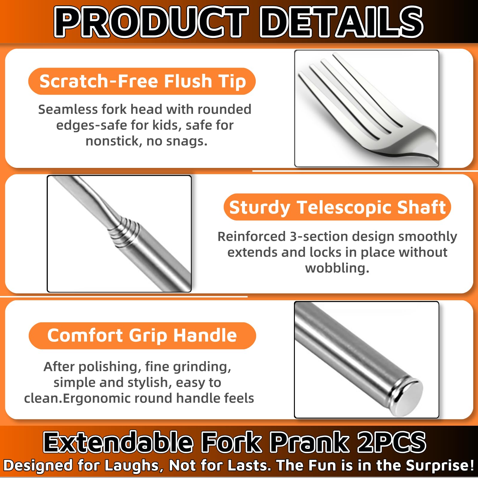 Extendable Fork Prank 2PCS，Expandable Fork Prank Joke 304 Stainless Steel with 8.7'' to 25.4'' Extendable Handle，Ideal for Christmas Party Camping Picnic for BBQ Fruit Dessert Dinner Create laughter — Amazon image 5