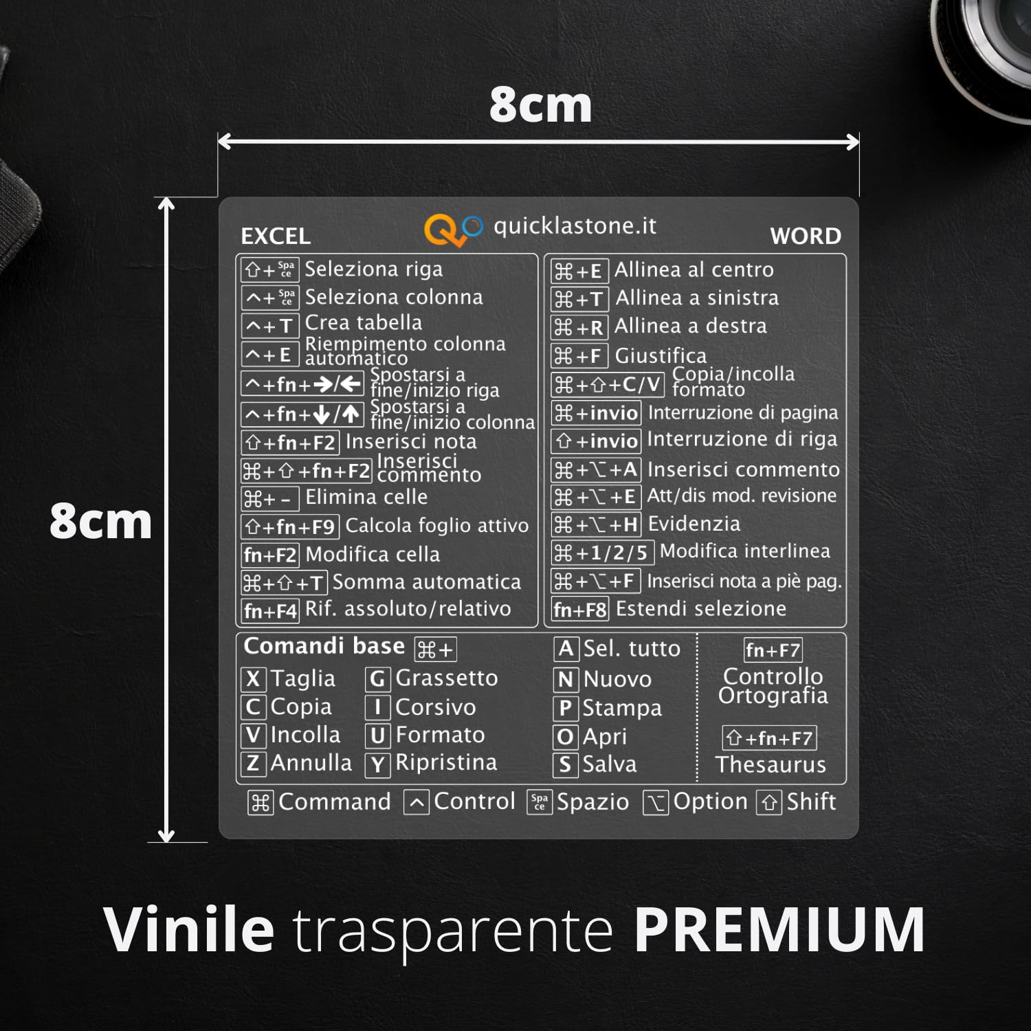 Adesivo per Scorciatoie da Tastiera Word ed Excel per Mac - Shortcut Sticker - Aumenta la tua produttività con le scorciatoie essenziali (Trasparente - Scritte Bianche, 1)