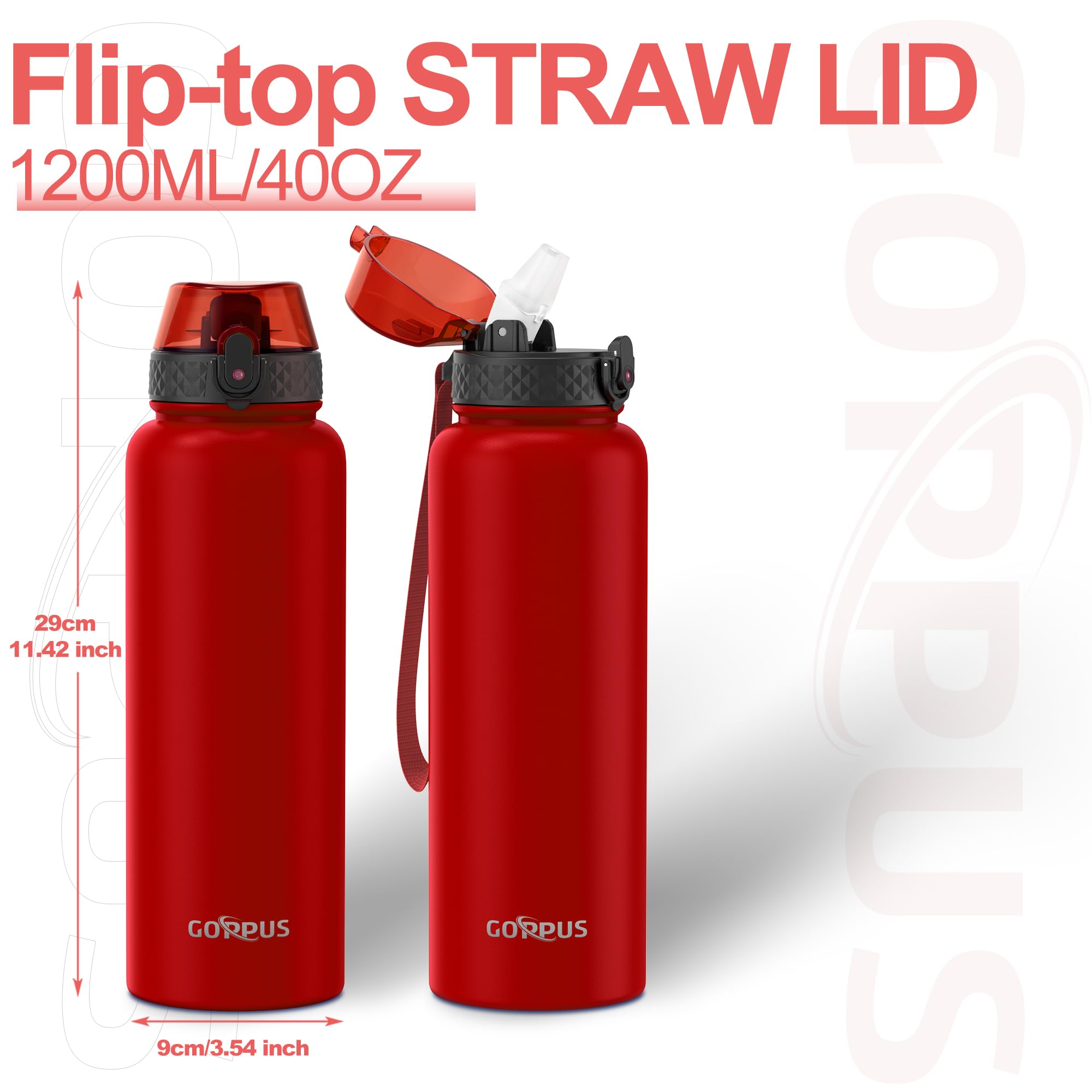 GOPPUS 1.2L/40oz Stainless Water Bottle with Straw Double Wall Insulated Bottles with Strap Large Vacuum Thermal Flask Leakproof Keep Cold Drinks Bottles with Flip Top Lid for Men Women BPA Free - Image 4