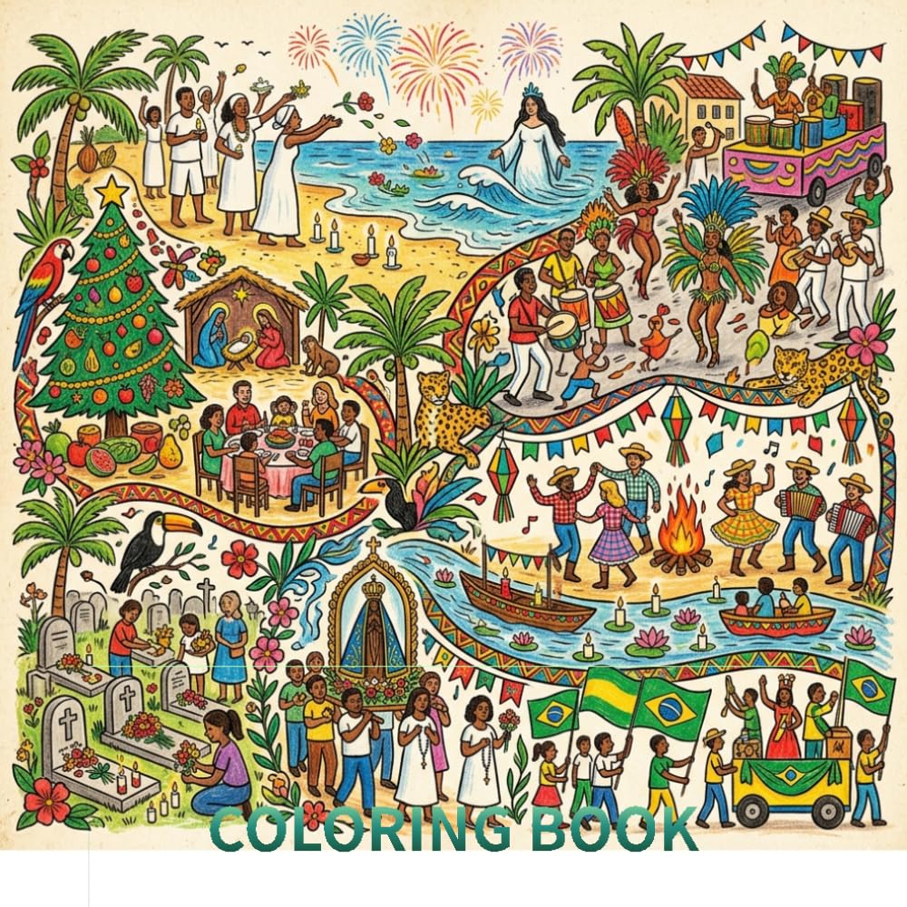 Beautifully hand-drawn coloring book that celebrates the vibrant energy and rich traditions of the festivals of Brazil,: A Cultural Coloring Book of ... and Carnival Celebrations for Kids and Adults