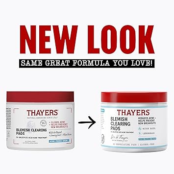 Thayers Blemish Clearing Acne Pads, Salicylic Acid Acne Treatment for Face, Pore Reducing, Exfoliating, and Soothing Skincare, Witch Hazel Toner Pads, 60 Ct