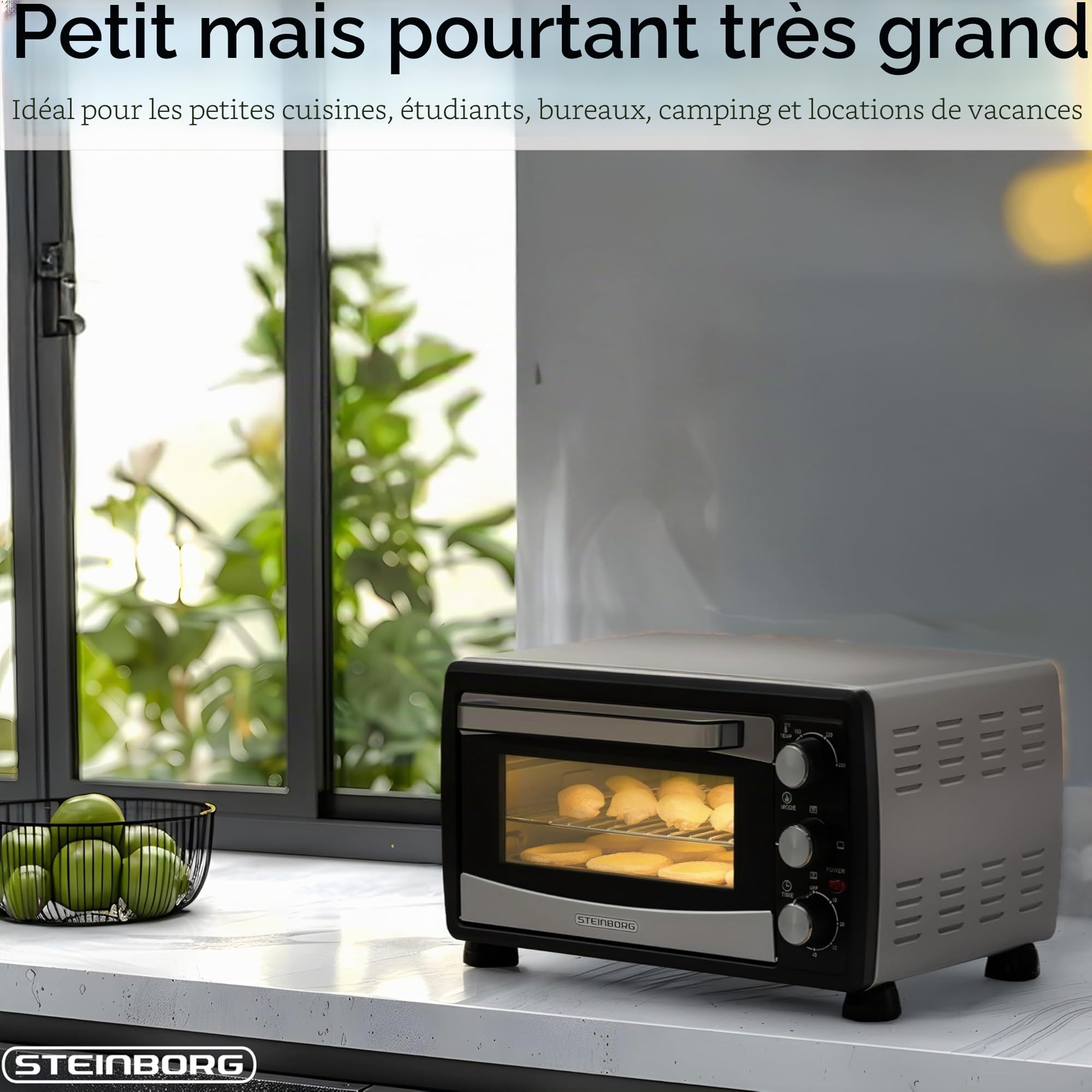 Steinborg Mini four à chaleur tournante, 20 l, plaque ramasse-miettes, fonction chaleur de voûte et de sole, 1400 W, mini four avec minuterie, petit four pour camping ou maison, autoportant
