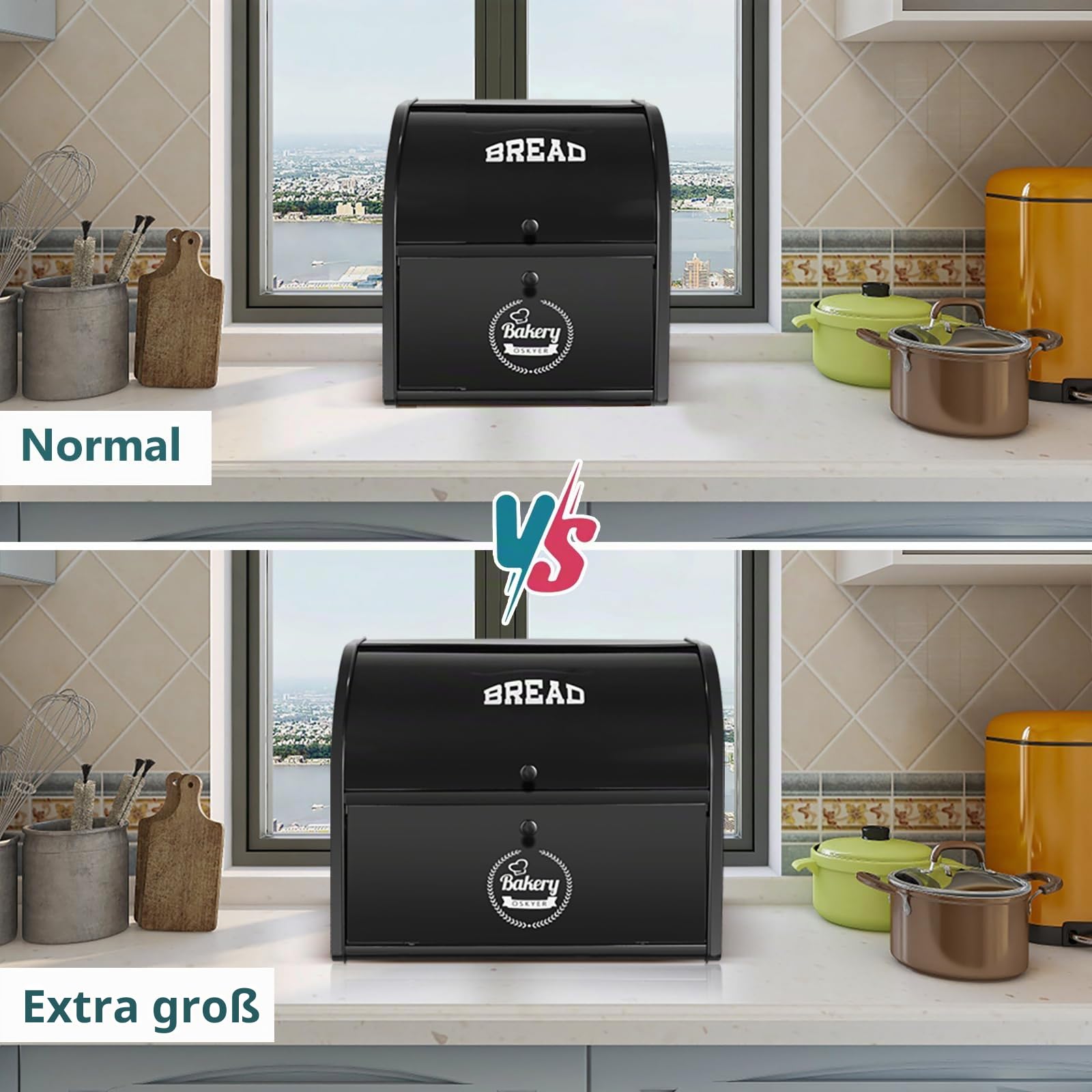 Brotkasten, Brotkasten für Küche, Große Aufbewahrungsbox mit Roll-Top-Deckel, Doppelter Metall-Brotbehälter, Aufbewahrungsbehälter für frische Brote, Kekse, Gebäck 40 x 32 x 24 cm (Schwarz)