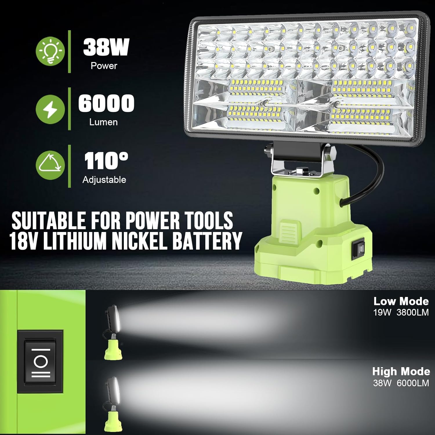38W for Ryobi 18V Light,6000LM for Ryobi Flashlight 18V Spotlight with USB Port LED Work Light Flashlight with 2 Light Modes, Cordless LED Light,110 Degree Pivoting Head Outdoor Use
