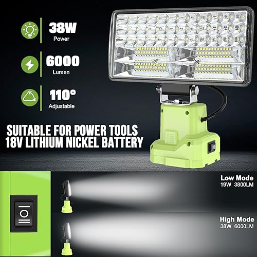 Miniatura 2 de Yinniy 38 W para luz Ryobi de 18 V, 6000 lm para linterna Ryobi de 18 V con puerto USB, linterna de trabajo LED con 2 modos de luz, luz LED