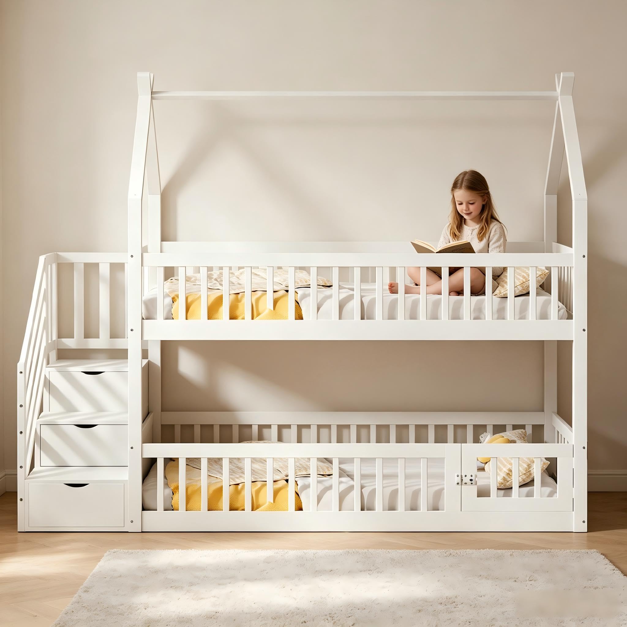 Su & Chan Legence Etagenbett 90x200 mit Treppe und Stauraum, Kinderbett Hochbett mit Schubladen und Sicherheitsgeländer, Hausbett mit Dach für 2 Kinder, Weiß
