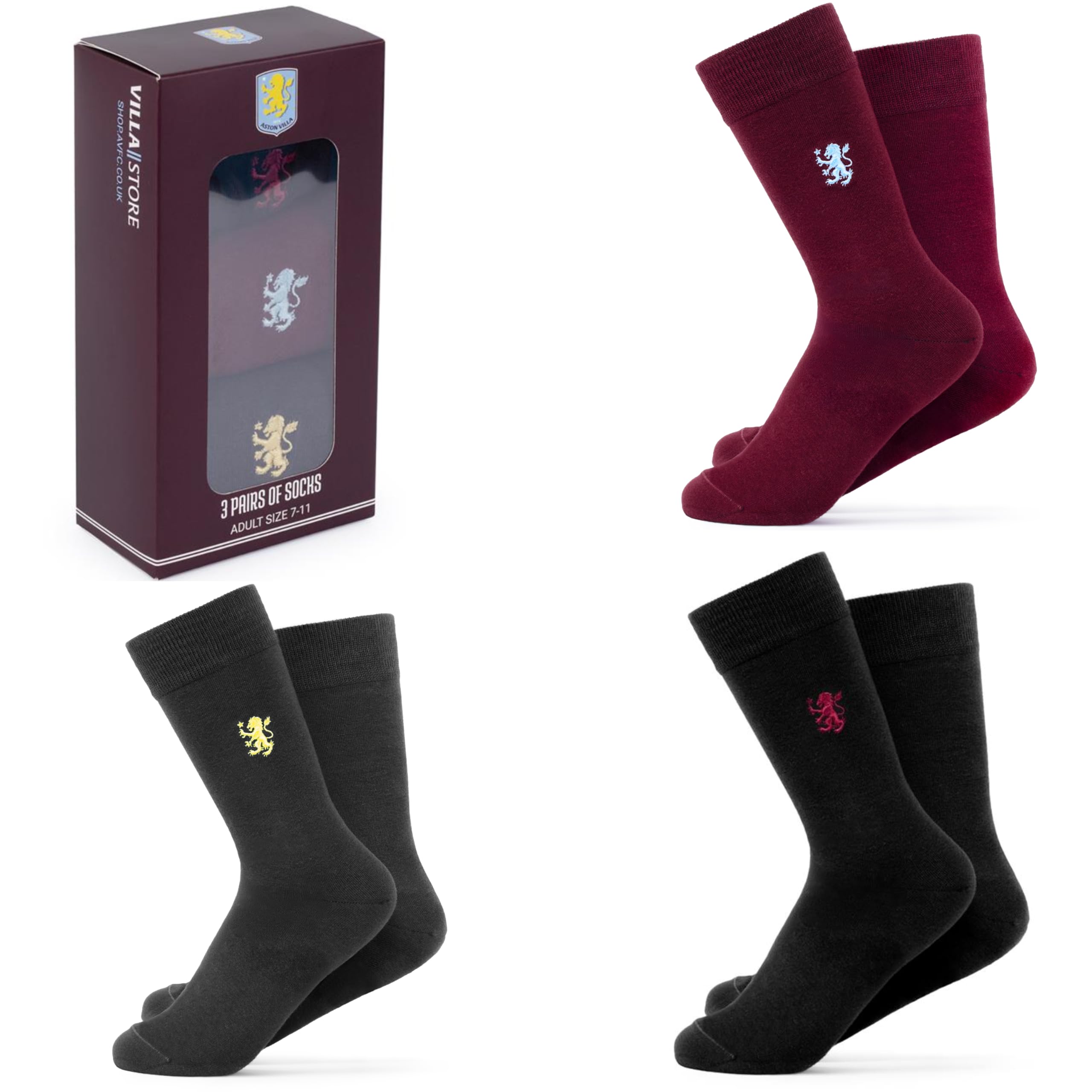 Aston Villa FC 3 Pack Dress Sock Set - Size 7 - 11, Socks, Sports, Gift