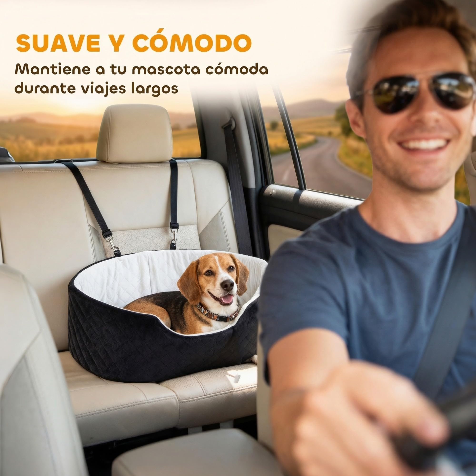 PawHut Asiento de Coche para Perros Pequeños y Medianos, Asiento de Coche para Mascotas hasta 15 kg, Cama de Viaje con Cinturón de Seguridad, Base Antideslizante y Funda Desmontable Lavable