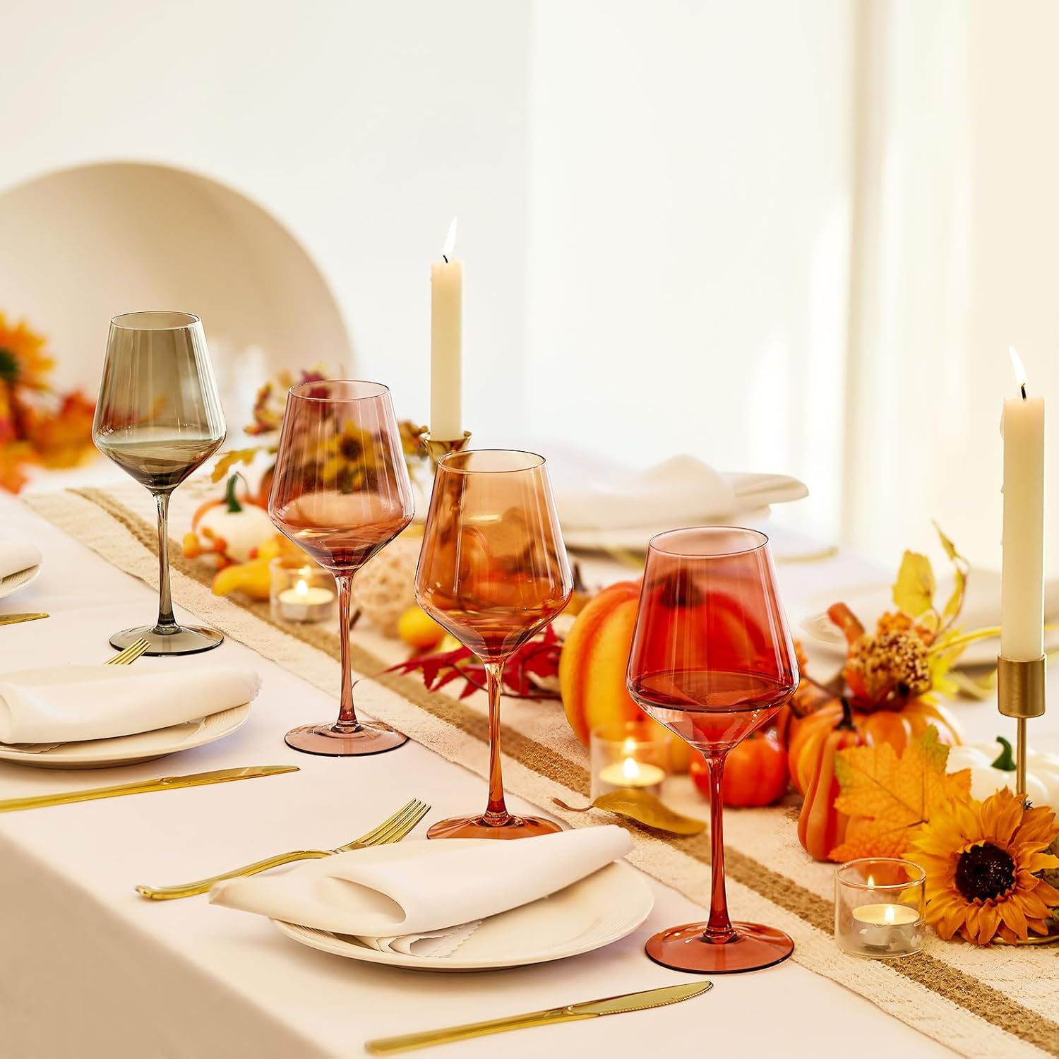 Stemmed Colored Wine Glasses: Set of 4 Cute 13.5oz Hand Blown Amber Crystal Wine Glass with Long Stem for Fall Christmas Dinner Wedding Birthday Party - Image 2