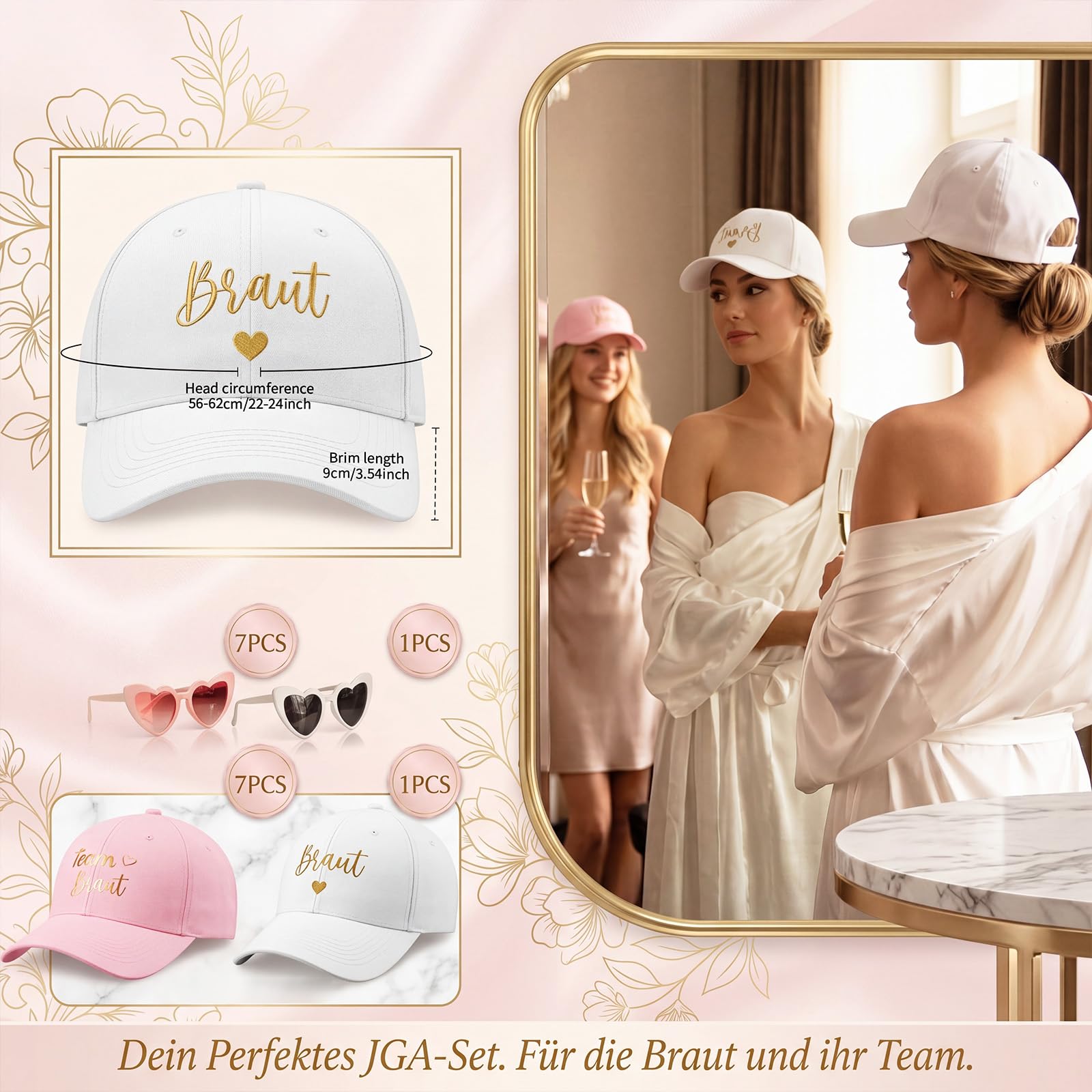 BBTO 16 Pièces Sets d'Accessoires pour Enterrement de Vie de Jeune Fille | 7 Casquettes Roses Team Braut & 1 Casquette Blanche Braut 8 Lunettes de Soleil de Fête Fête Prénuptiale Mariage Photo