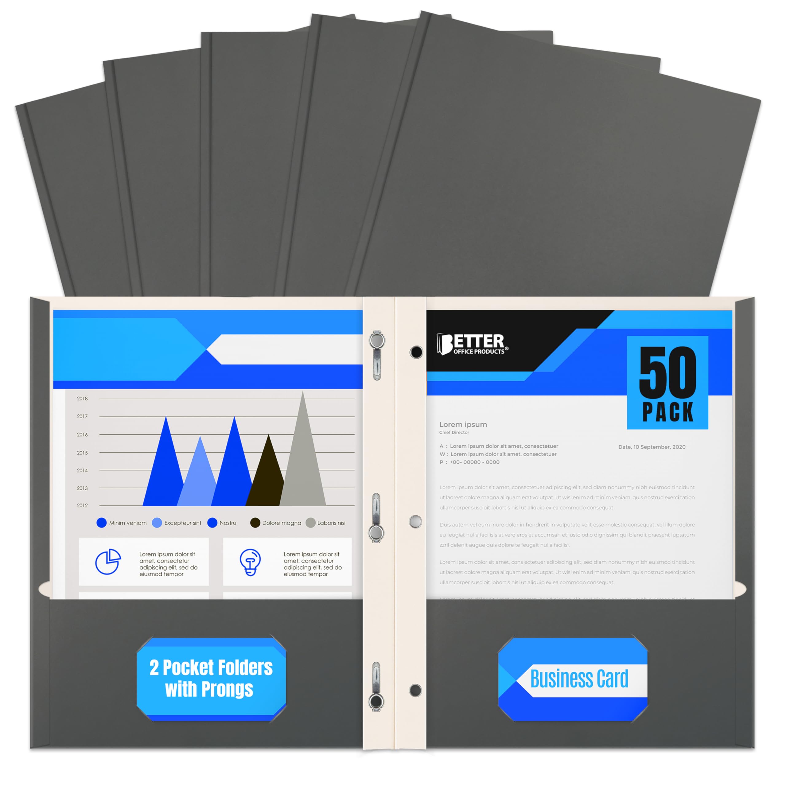 Better Office Products Gray Paper 2 Pocket Folders with Prongs, Matte Texture, Letter Size Paper Folders, 50 Pack, with 3 Metal Prong Fastener Clips, Gray