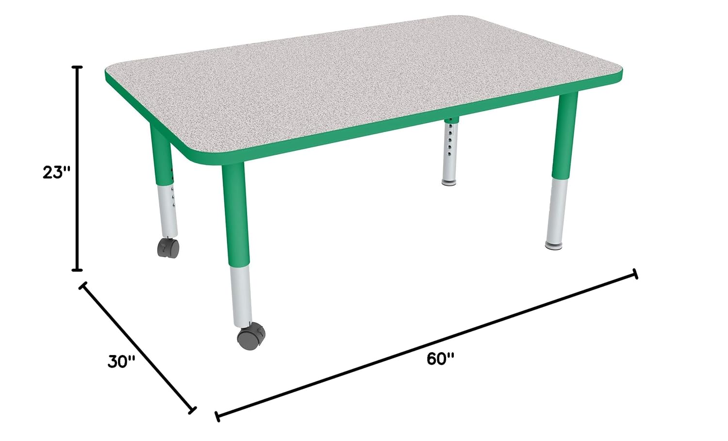 Sprogs Adjustable Height Mobile Classroom Activity Table for Preschools, Rectangle Preschool Activity Table with Casters, 30"D x 60"W x 23"H, Gray/Green