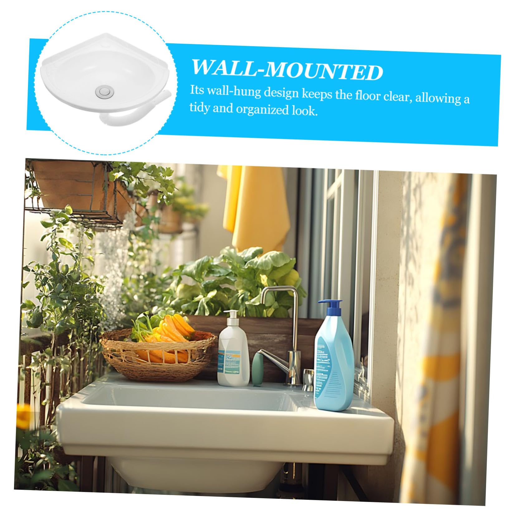 WOONEKY Lavabo de Baño Suspendido de Esquina Triangular en Plástico y Acero Inoxidable, Diseño Moderno para Optimización de Espacio y Fácil Mantenimiento en Baños Pequeños