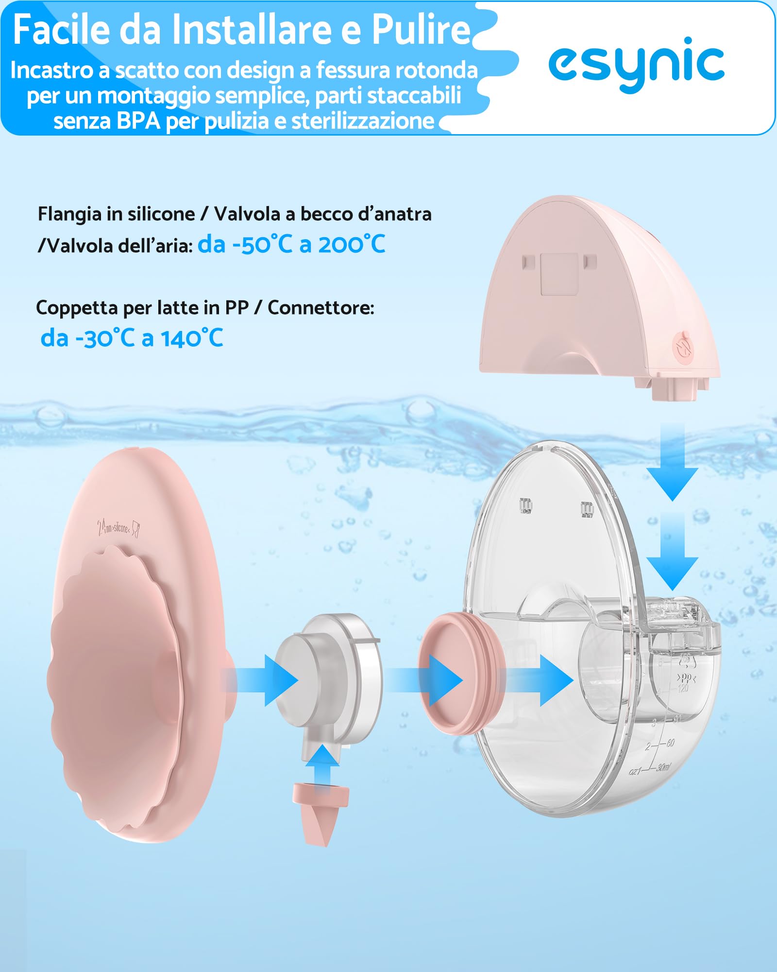 eSynic 1PZ Tiralatte Elettrico Indossabile con Monitoraggio Latte e Autospegnimento, 4 Modalità 12 Livelli, Silenzioso con Display LED, 24/21/19mm Flange, Portatile per Mamme in Movimento - 150ML Rosa