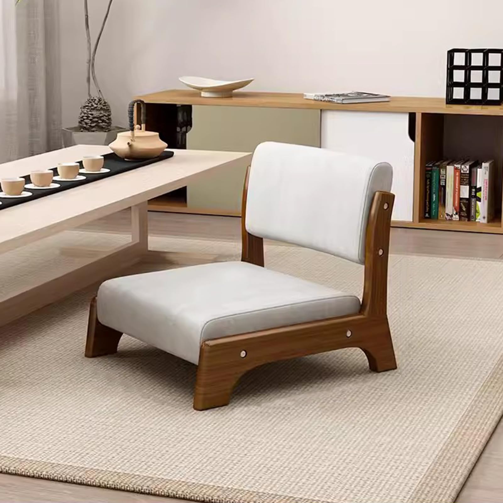 Silla japonesa de suelo con soporte para la espalda, tatami, meditación, yoga, taburete sin patas, silla trasera de madera maciza