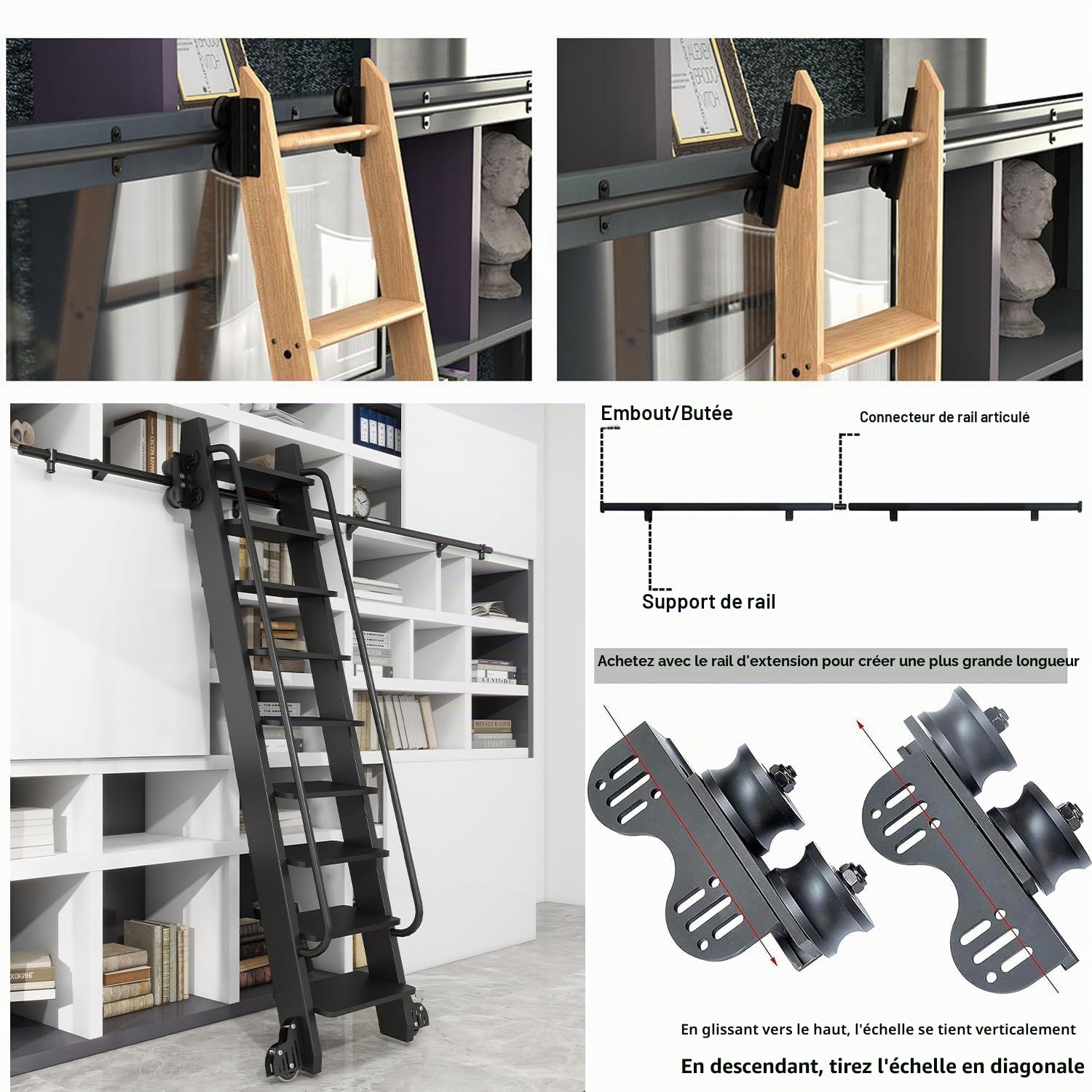 Kit De Quincaillerie Echelle De Bibliothèque Roulante, 200cm Ensemble Complet De Rouleaux De Sol avec Frein pour échelle coulissante Rail Kit avec roulettes Au Sol (sans échelle)