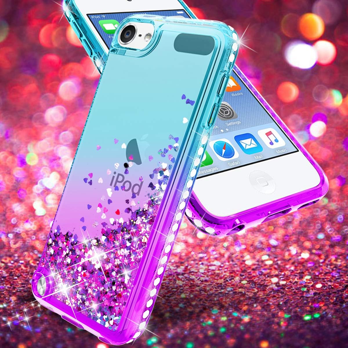 for Apple iPod Touch5/6/7,iPod 5th/6th/7th Generation Case W/Glass Screen Protector,Donse Glitter Liquid Quicksand Floating Shiny Sparkle Flowing Bling Diamond Luxury Case for Girls Women,Mint/Purple : Electronics