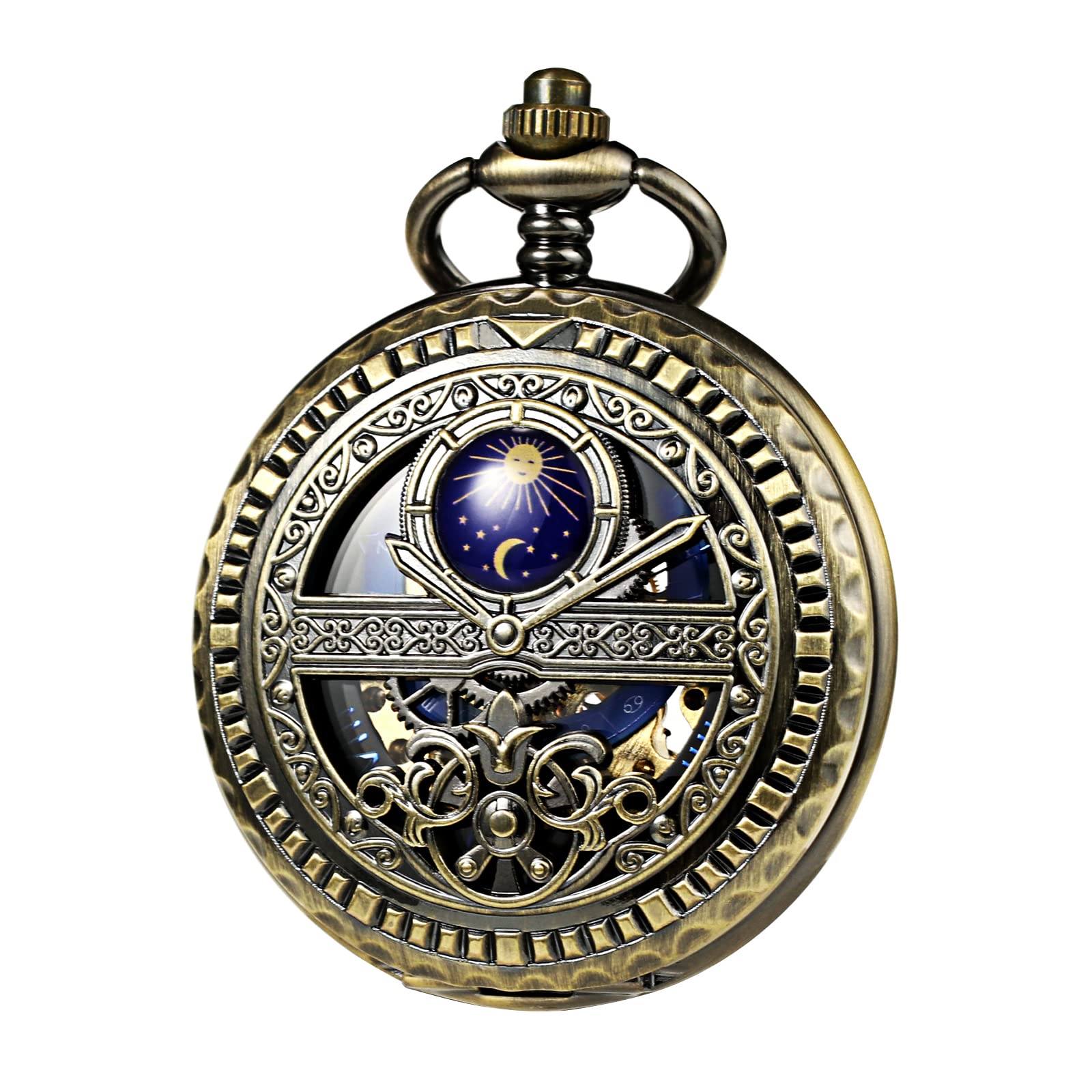 TREEWETO Men's Mechanical Roman Numerals Dial Sun and Moon Skeleton Pocket Watches with Box and Chains for Mens Women Black Bronze Gold Silver