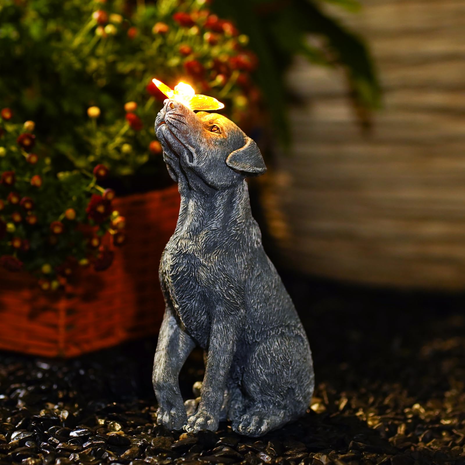 Fashionoda Solar Garden Statue Dog Figurine – Garden Statue with Butterfly for Garden Yard Décor Outside, Unique Garden Gift for Garden Mom Grandma