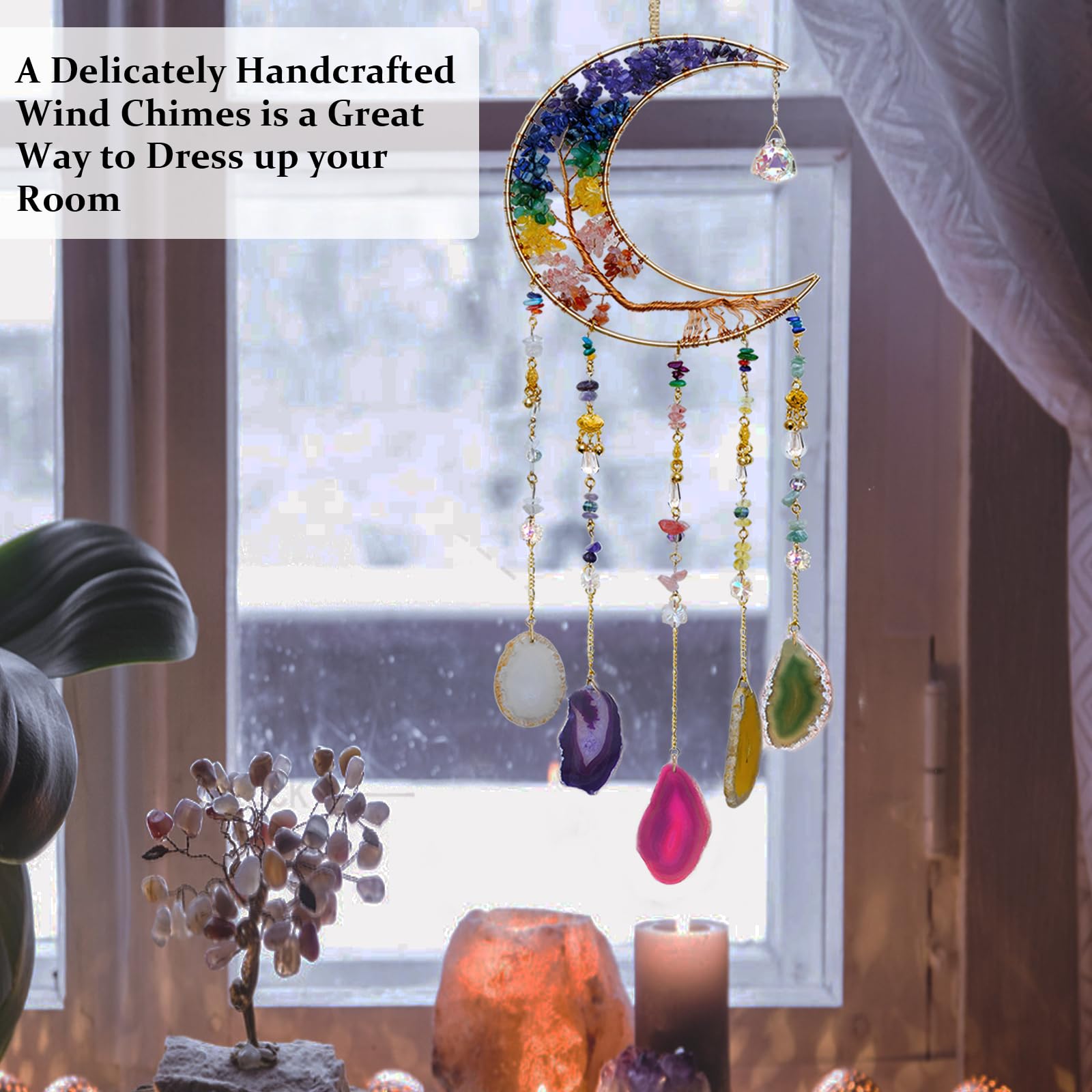 7 Chakra Crystal Wind Chimes, Moon Shaped Dream Catcher, Sun Catchers, Healing Crystal Decor, Reiki, Feng Shui Metal Art Wall Decor for Room, Bedroom, Home, Unique Gifts for Women for Good Luck