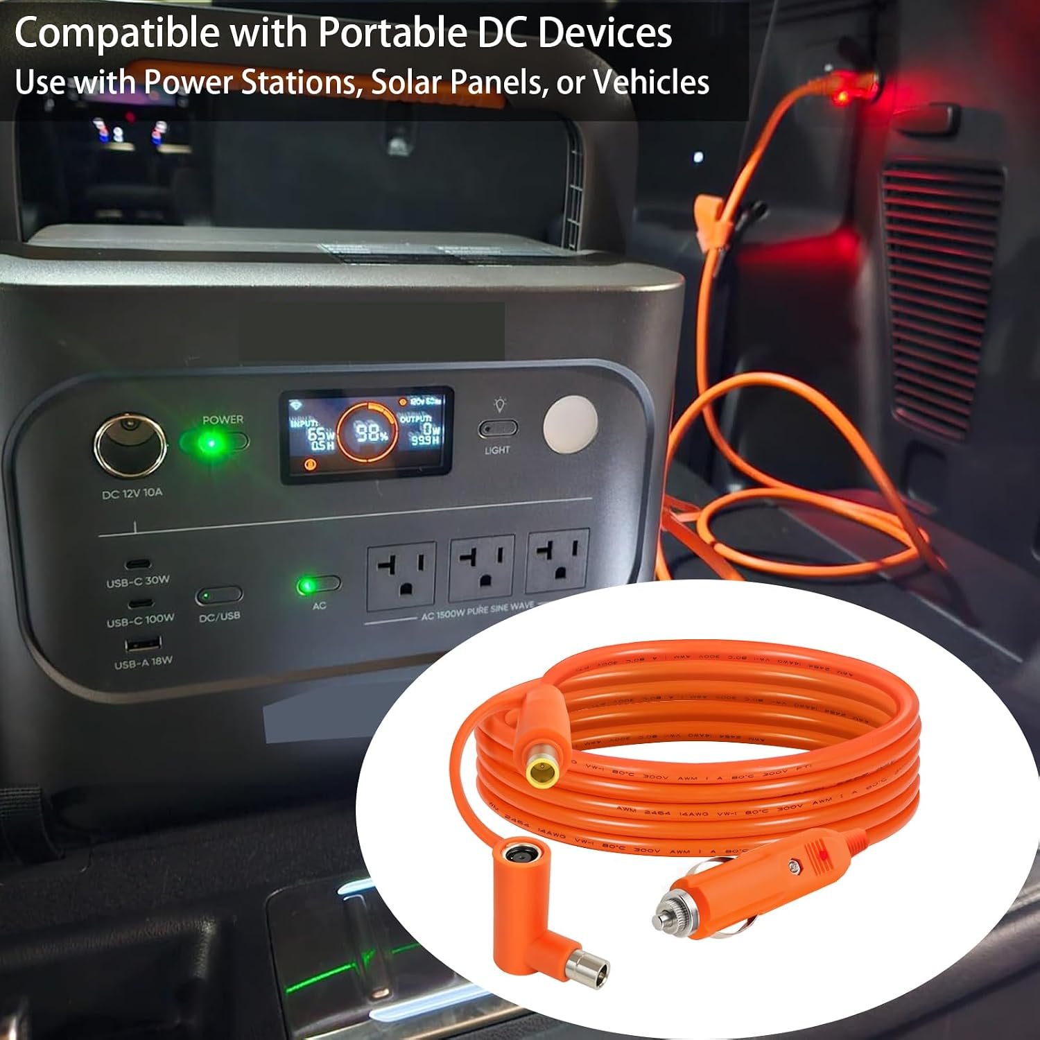 12V/24V Car Cigarette Lighter to 8mm DC Charging Cable, 14AWG Heavy Duty Cord with DC7909 to DC8020 Adapter for Jackery Explorer, Bluetti, Goal Zero Portable Power Station, 6.6ft/2m