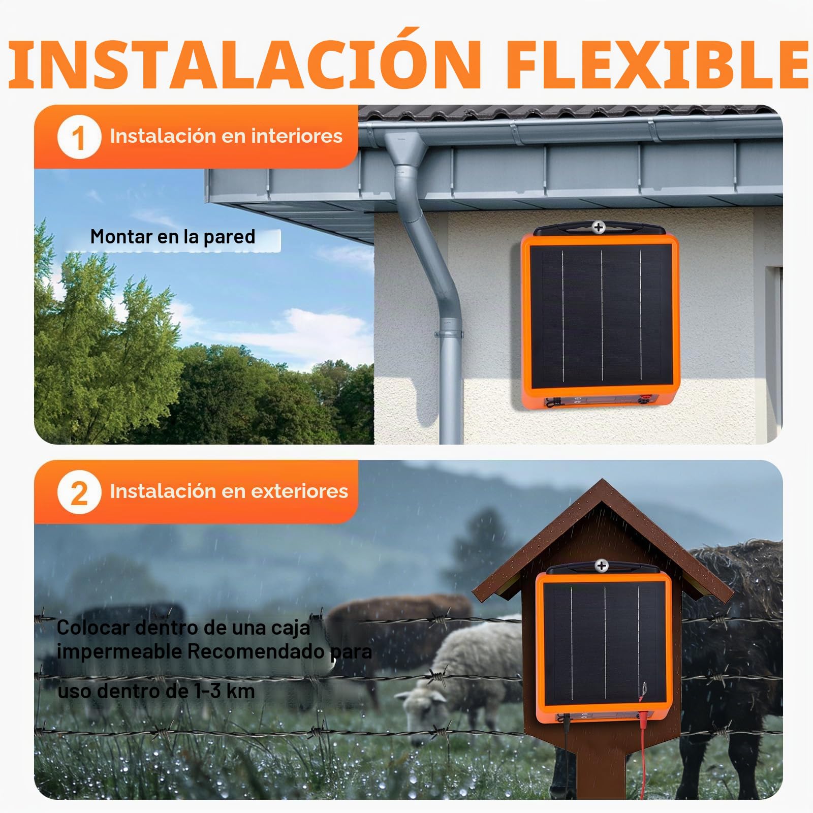 32KM Solar Pastor Electrico, 6-12 kV Pastor eléctrico Controlador para caballos, 2 J Valla eléctrica para cría de animales de pastor, para granja, pasto, jardín (naranja)