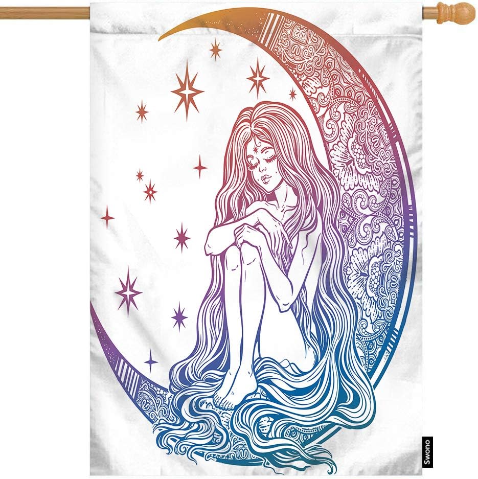 Swono Girl And Moon House Flag Young Girl Witch With Long Wavy Hair Sitting On The Ornate Crescent Moon House Flag Cotton Linen Yard Outdoor Decoration 28"X40"