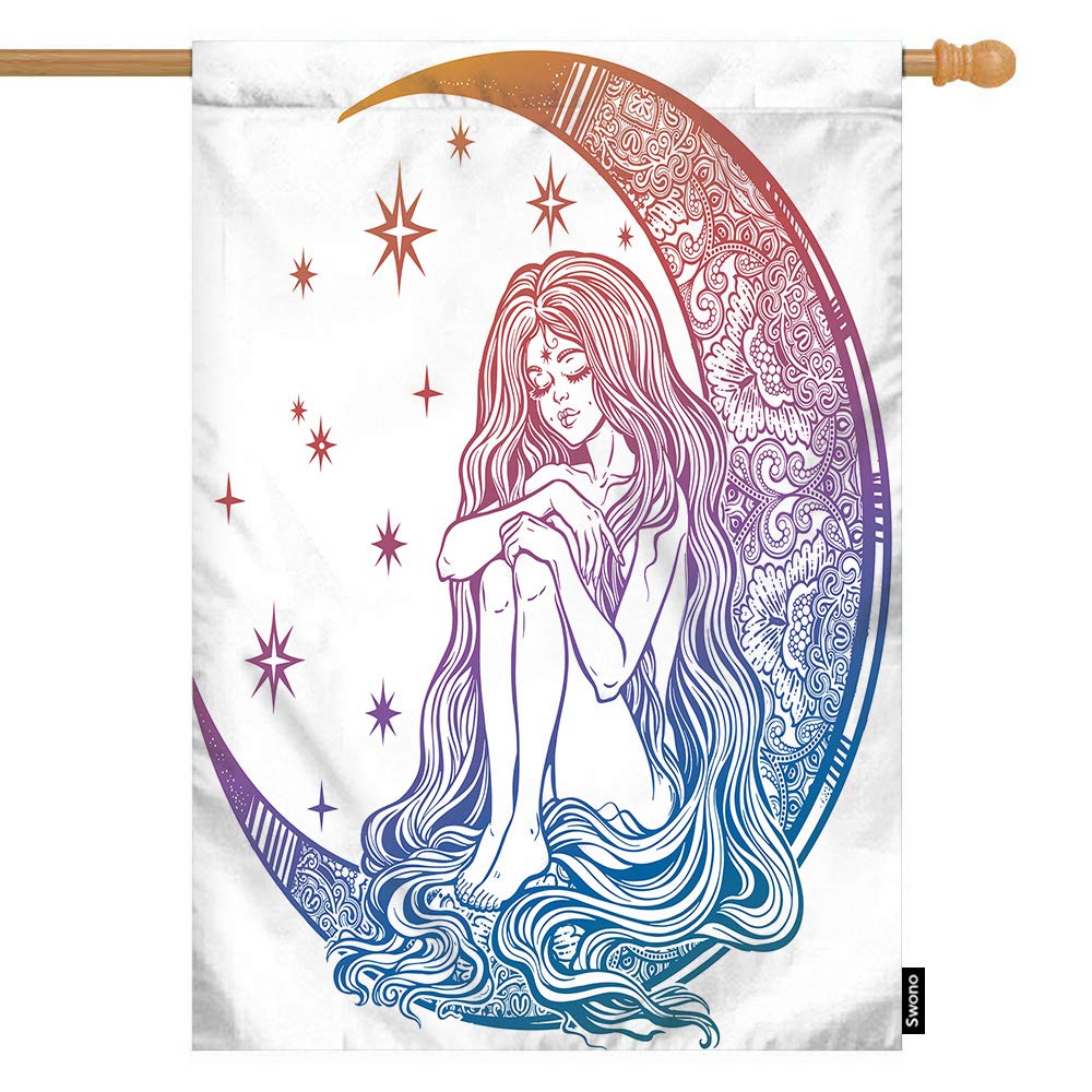 Swono Girl And Moon House Flag Young Girl Witch With Long Wavy Hair Sitting On The Ornate Crescent Moon House Flag Cotton Linen Yard Outdoor Decoration 28"X40"