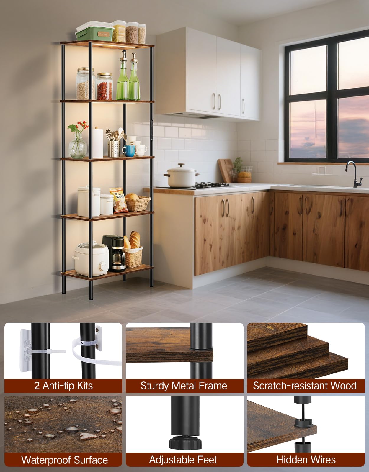Libreria a 5 Ripiani con Luce LED, Scaffale in Legno 60 x 30 x 170 cm, Dimmerabile con Touch e Telecomando, Libreria Verticale Salvaspazio per Soggiorno, Camera da Letto, Ufficio