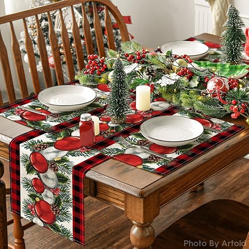 Miniatura 5 de Artoid Mode Juego de 4 manteles individuales de bolas de Navidad con diseño de búfalo rojo y negro con diseño de conos de pino acebo, 12 x 18