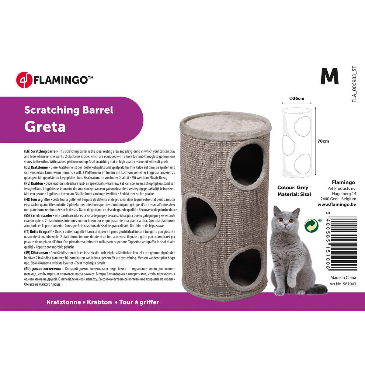 griffoir pour Chat – Tonneau à Gratter pour Chat - Flamingo Greta M - 70 cm Hauteur – Ø 36 cm - Gris & Naturel & Marron Clair