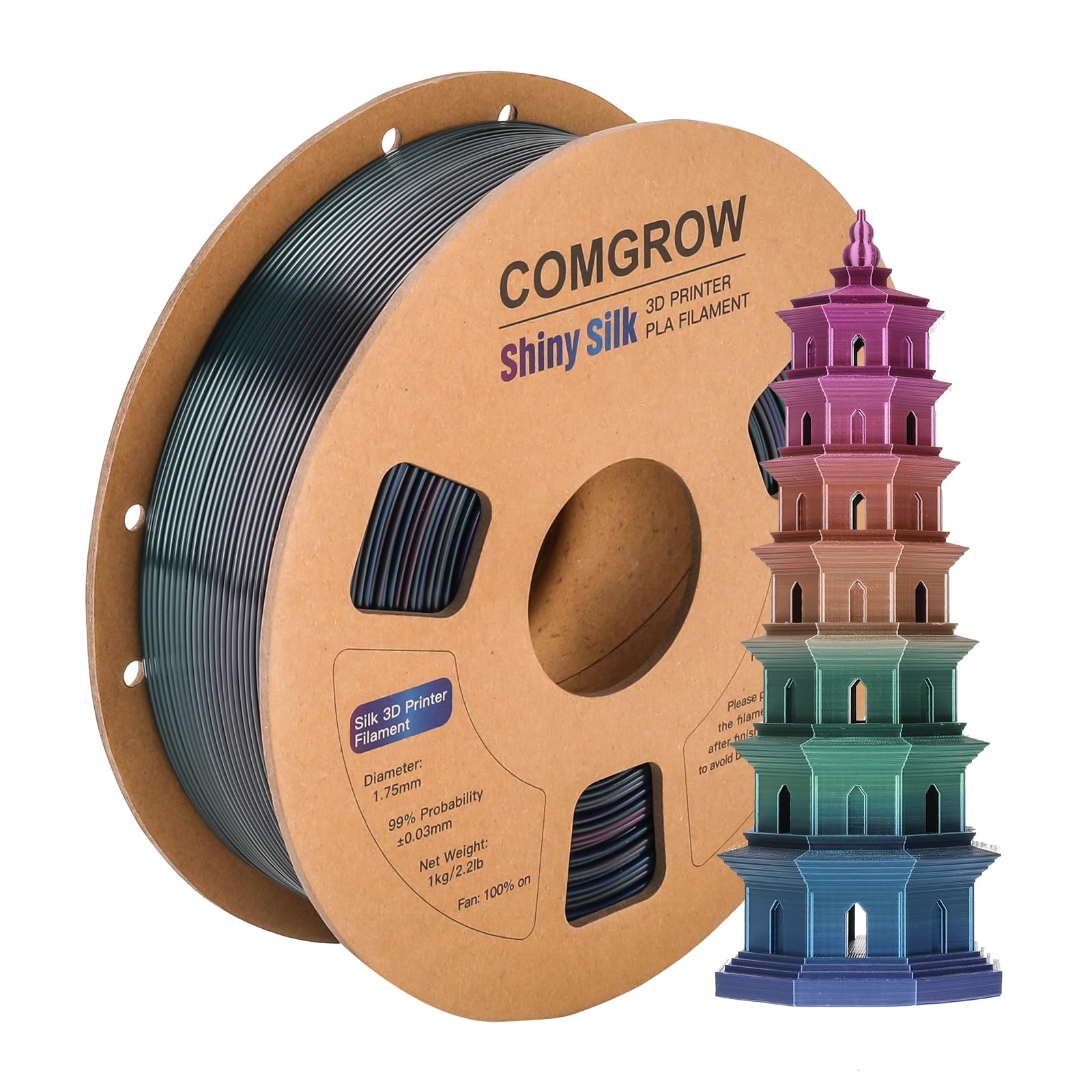 Comgrow Rainbow Colors Silk PLA 3D Printer Filament, PLA Filament 1.75mm, Dimensional Accuracy +/- 0.02 mm, 1KG Spool, Coextrusion 3D Filament with