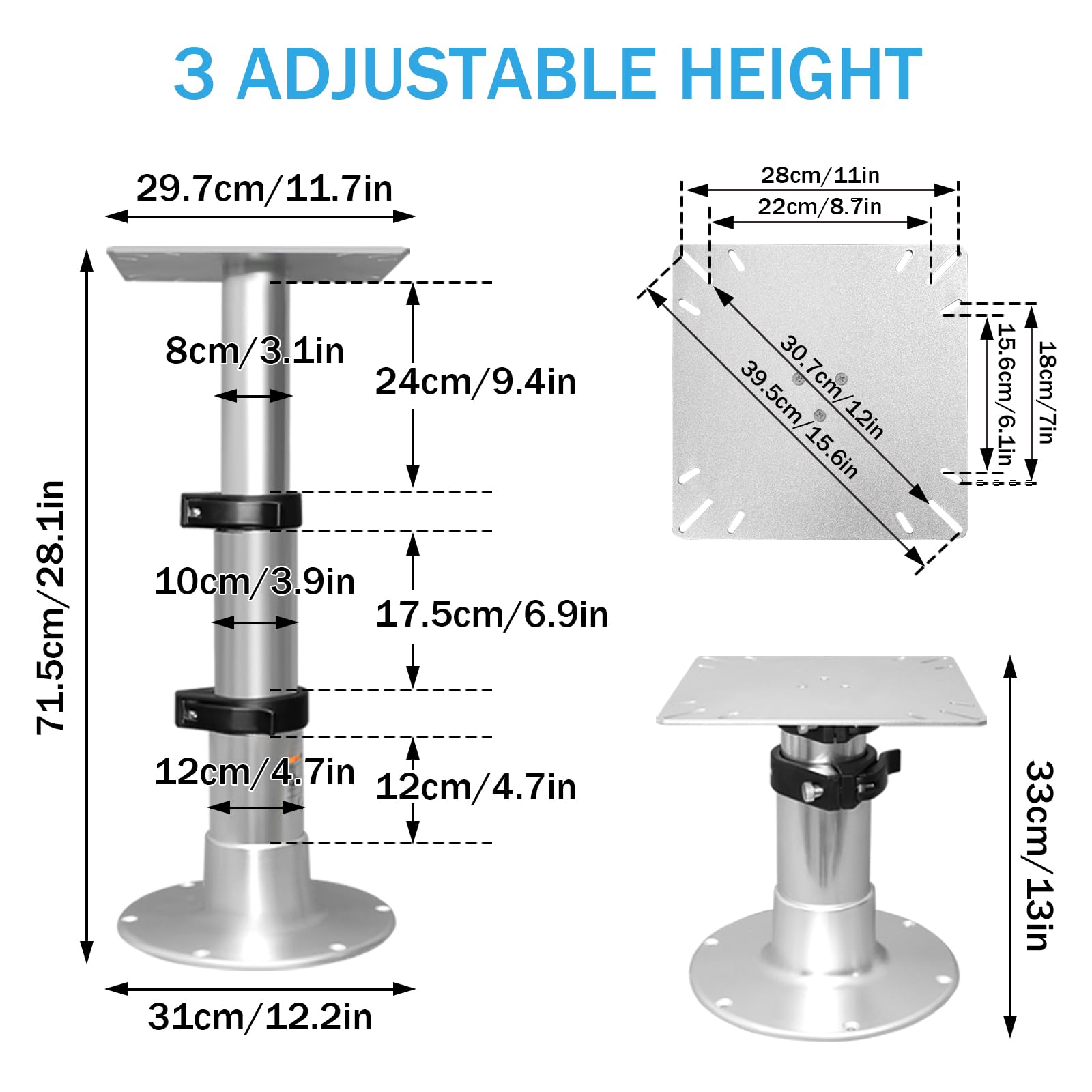 Pie de pedestal ajustable para mesa RV con elevación de gas, 3 niveles de soporte neumático de base de mesa para caravana, barco marino, yate, sistema de elevación de una pierna de hasta 225 libras y