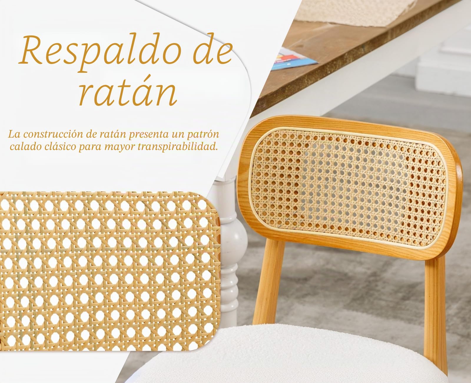 chairus Juego 2 de Sillas de Comedor Madera Maciza Sillas de Cocina con Respaldo Ratán, Sillas Rústica Tapizado en Lana Sintética para Restaurante/Cafetería, Beige