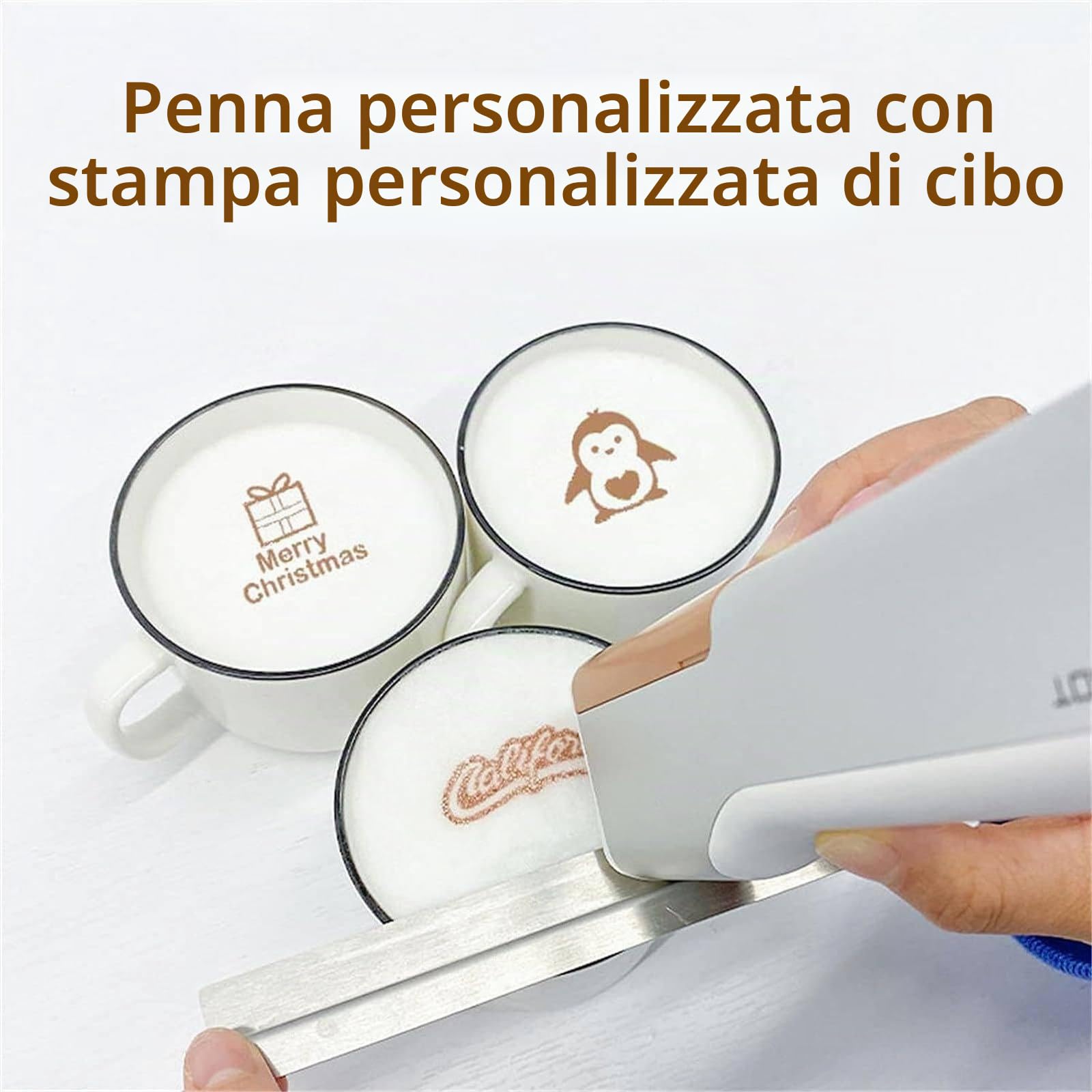 Stampante Commestibile Portatile, Stampante Alimentare Multifunzionale, Penna a Getto D'inchiostro Wireless per Alimenti Con Controllo App, Precisione 300 Dpi, Per Caffè, Pane, Torte, Biscotti,Brown