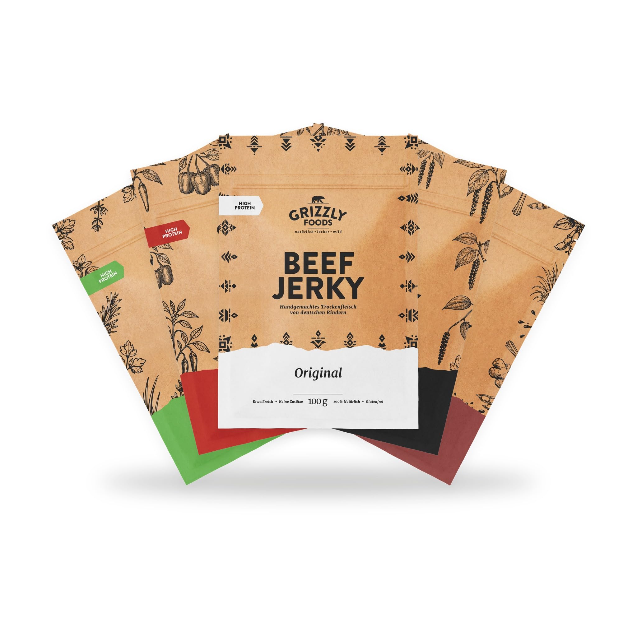 Grizzly Foods zestaw próbny wołowiny z 5 rodzajami (5 x 100 g) • suszone mięso niemieckiego bydła • przekąska o wysokiej zawartości białka • idealny w podróży, do biura, uprawiania sportu