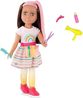 Glitter Girls â€“ Lara14-inch Poseable Hairdresser Doll â€“ Brown & Pink Hair â€“ Blow Dryer, Hair Clips & Hairstyling Accessories â€“ Toys for Kids Ages 3+