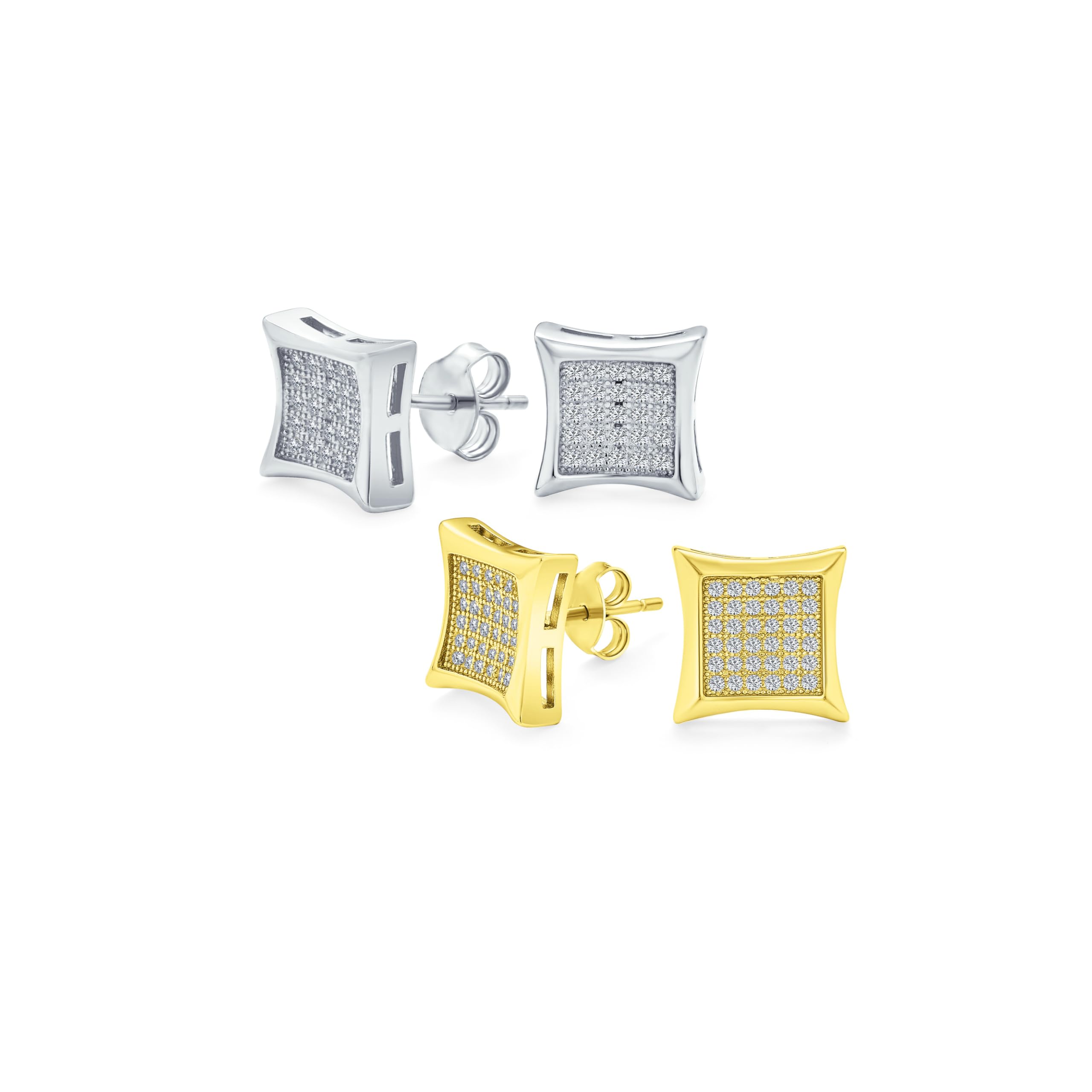Juego de dos aretes de tachuela en forma de cuadrado con circonia cúbica micro pavé CZ para hombres y mujeres, chapados en oro y plata de ley .925 de 7MM.