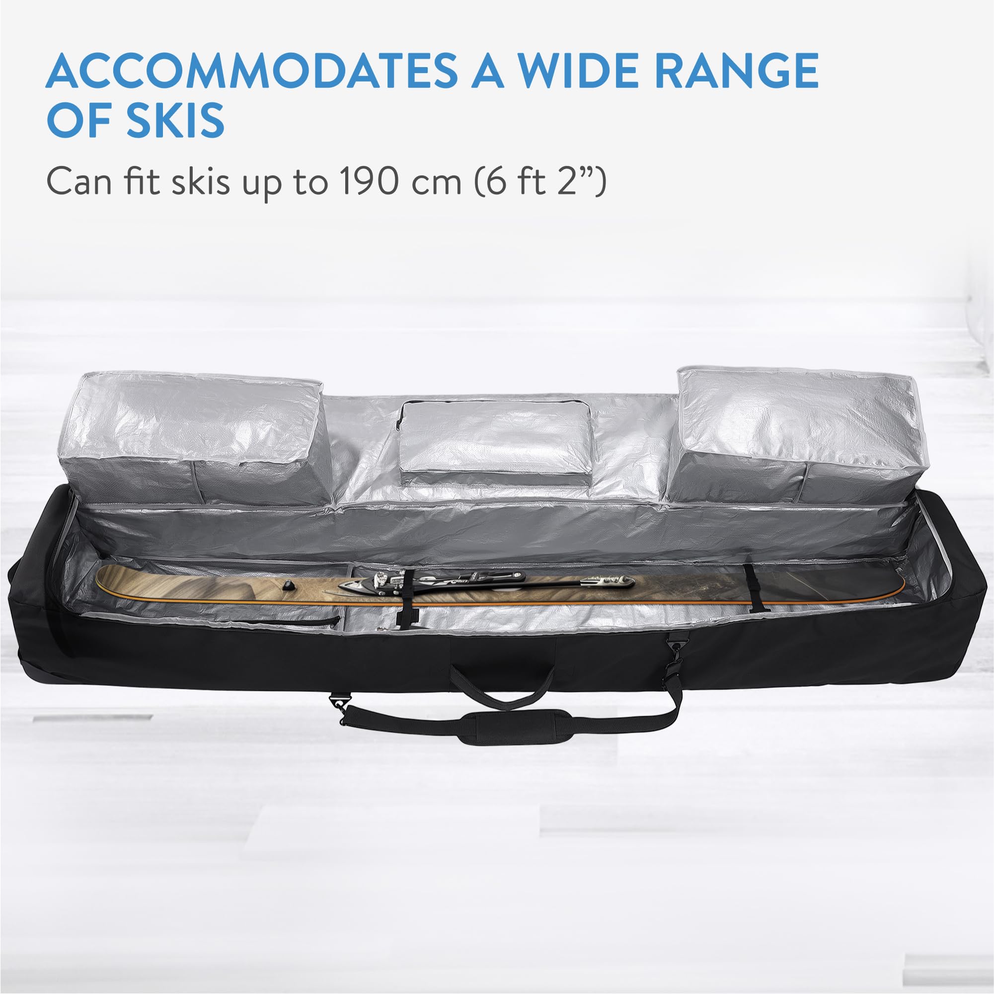 Sac pour Skis Jusqu'à 190 cm avec Bandoulière Amovible, Roulettes et Rembourrage Mousse 10 mm - TeamObsidian
