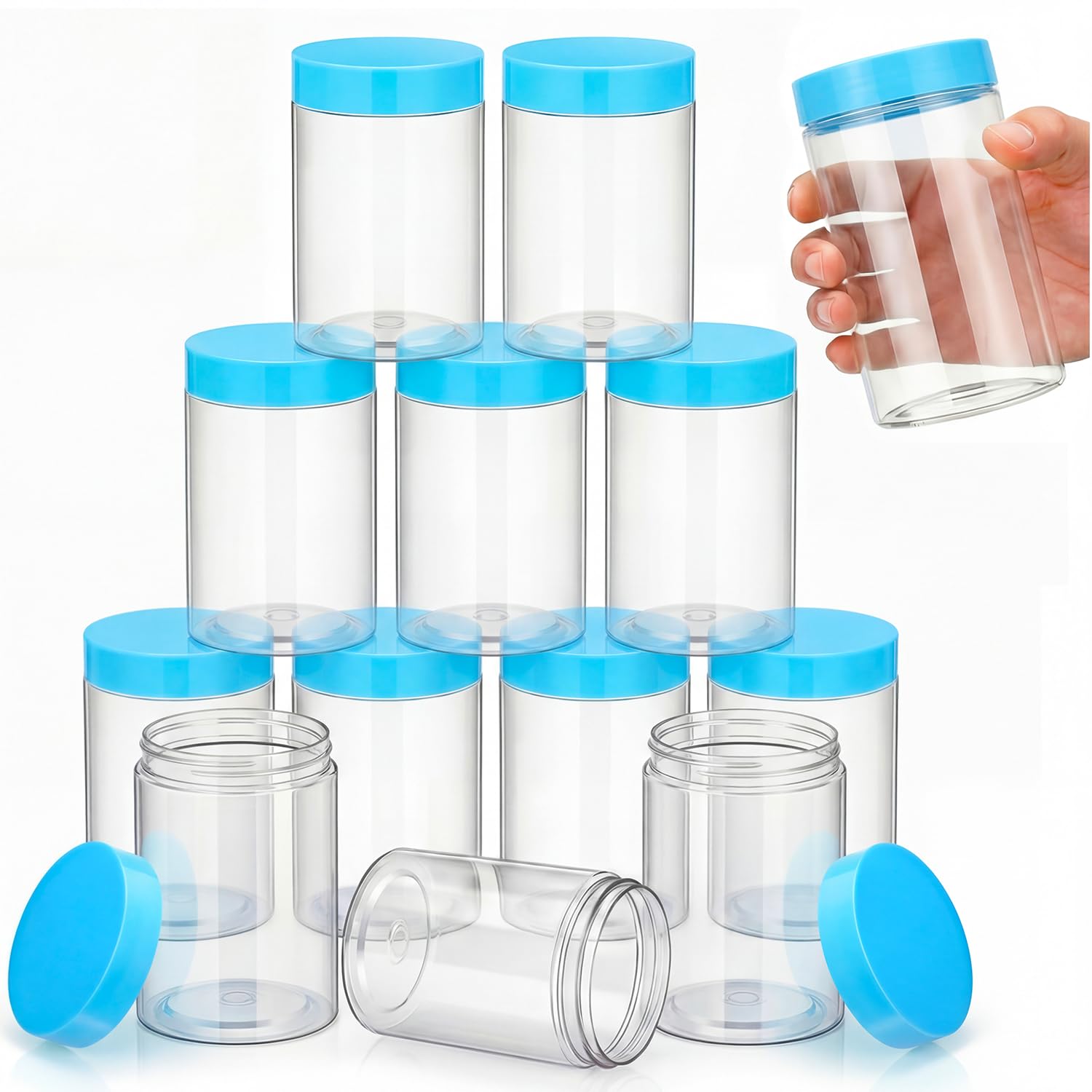SATINIOR 12 Pack 12 oz Plastic Container Jars with Lids Round Clear Travel Cosmetic Container Slime Jars for Toiletries, Lotion, Cream, Ointments, Makeup, Rhinestone, Samples, Kitchen Storage(Blue)