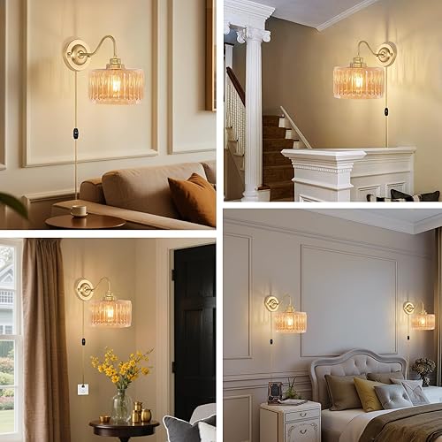 Miniatura 7 de Juego de 2 apliques de pared enchufables, apliques de pared vintage con pantalla de cristal verde tulipán, aplique de pared ajustable de 180 con