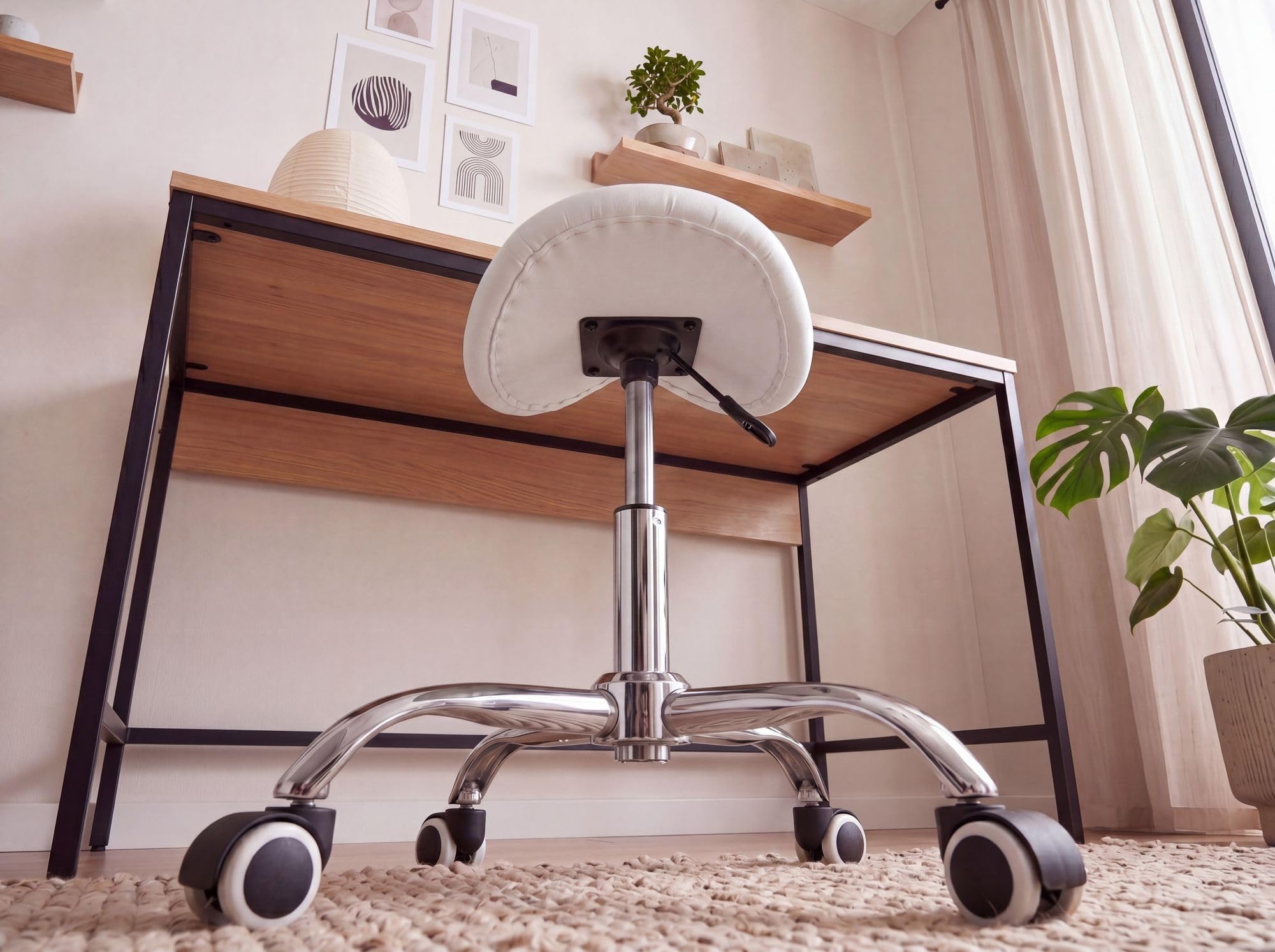FineBuy Taburete de Silla de Montar con Ruedas de Imitación de Cuero Blanco | Taburete de Trabajo sin Respaldo | Taburete tapizado Ajustable en Altura