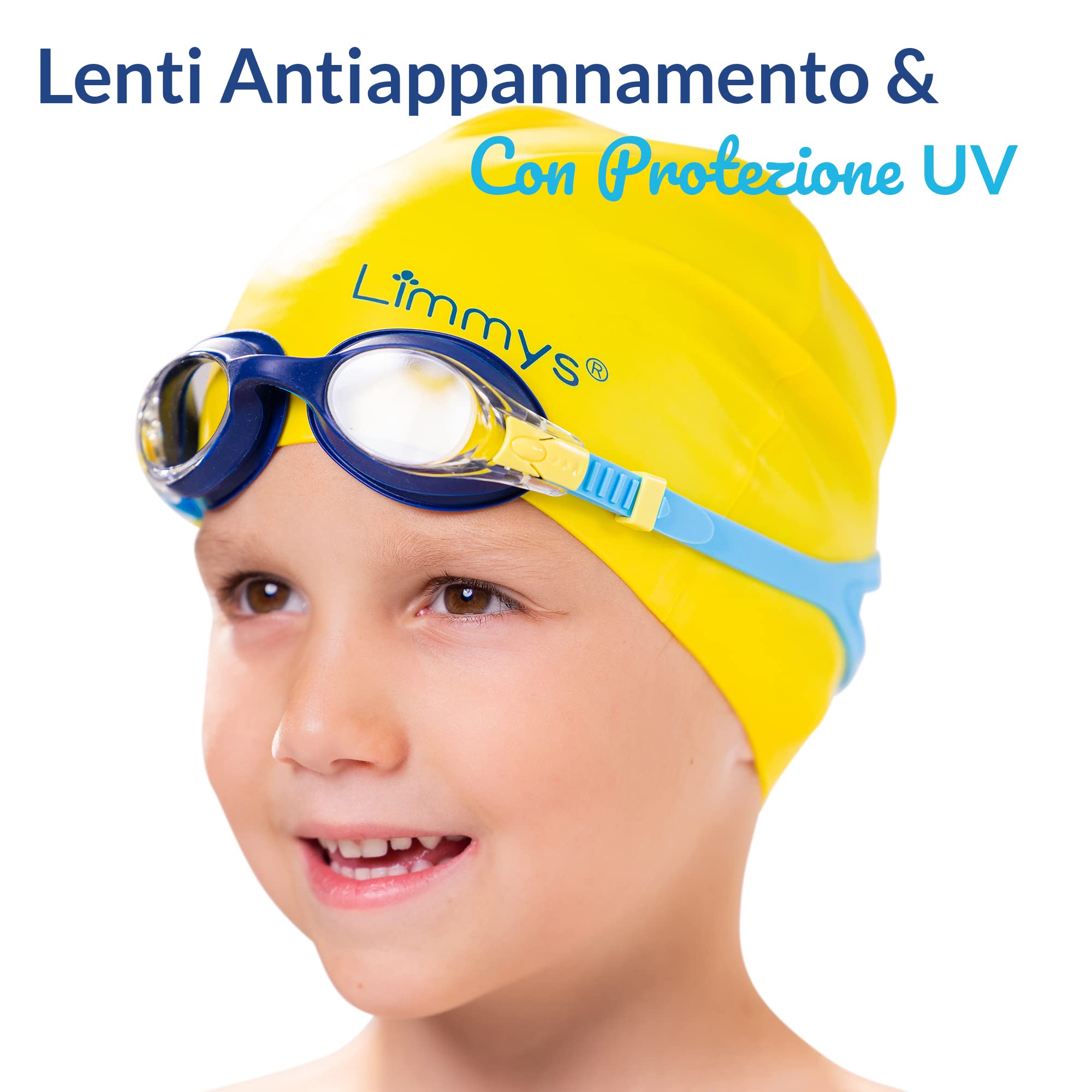 Limmys Occhialini da Nuoto Bambini 3–12 Anni – Anti-Appannamento, Senza Perdite, Protezione UV400, Senza Tirare i Capelli, Regolazione Rapida, Resistenti al Cloro, Custodia Inclusa