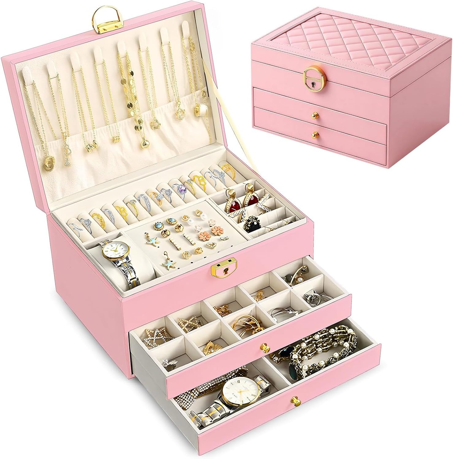 Zisheng 3-Layer Leather Jewelry Organizer and Jewelry Box, White Jewellery Box & Accessories Organizer Storage Case, Gift for Women, 23x17x13.5cm (Pink)