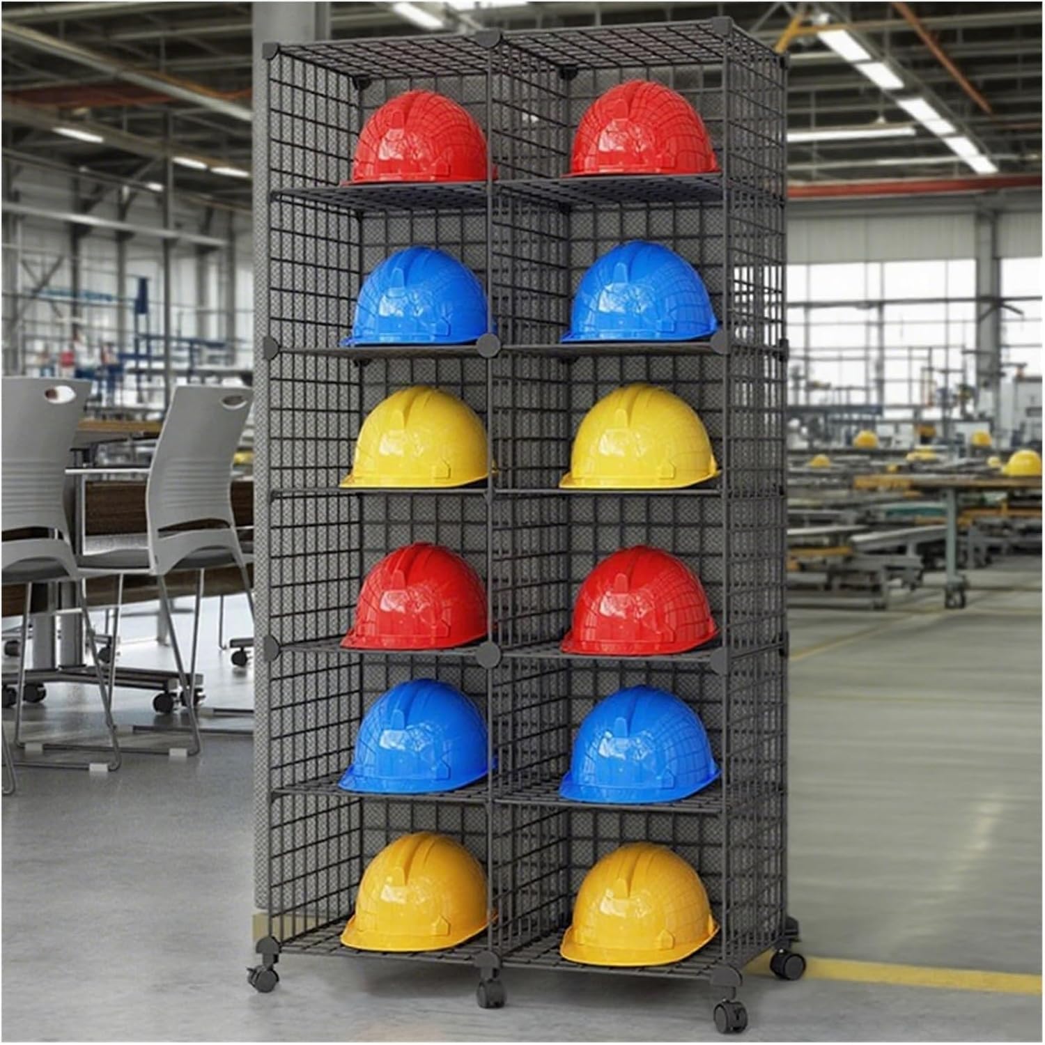 Étagère pour casques de sécurité à 12 grilles en maille métallique modulable