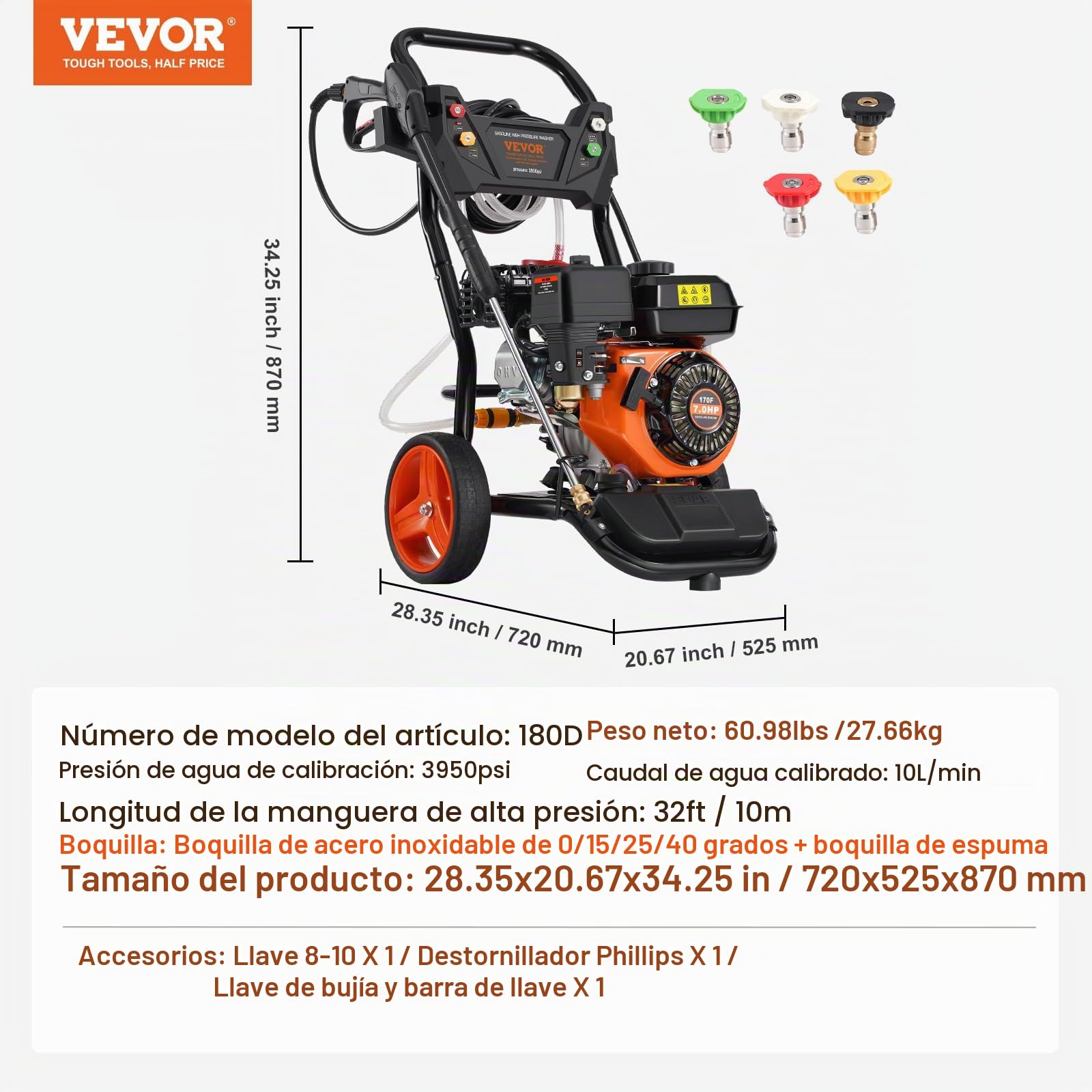 VEVOR Lavadora de Alta Presión a Gas Vertical 3950 PSI 2,6 GPM Limpiador de Alta Presión 10 L/min con Bomba de Cobre, Pistola Rociadora, Varilla de Extensión, 5 Boquillas para Casas, Vehículos
