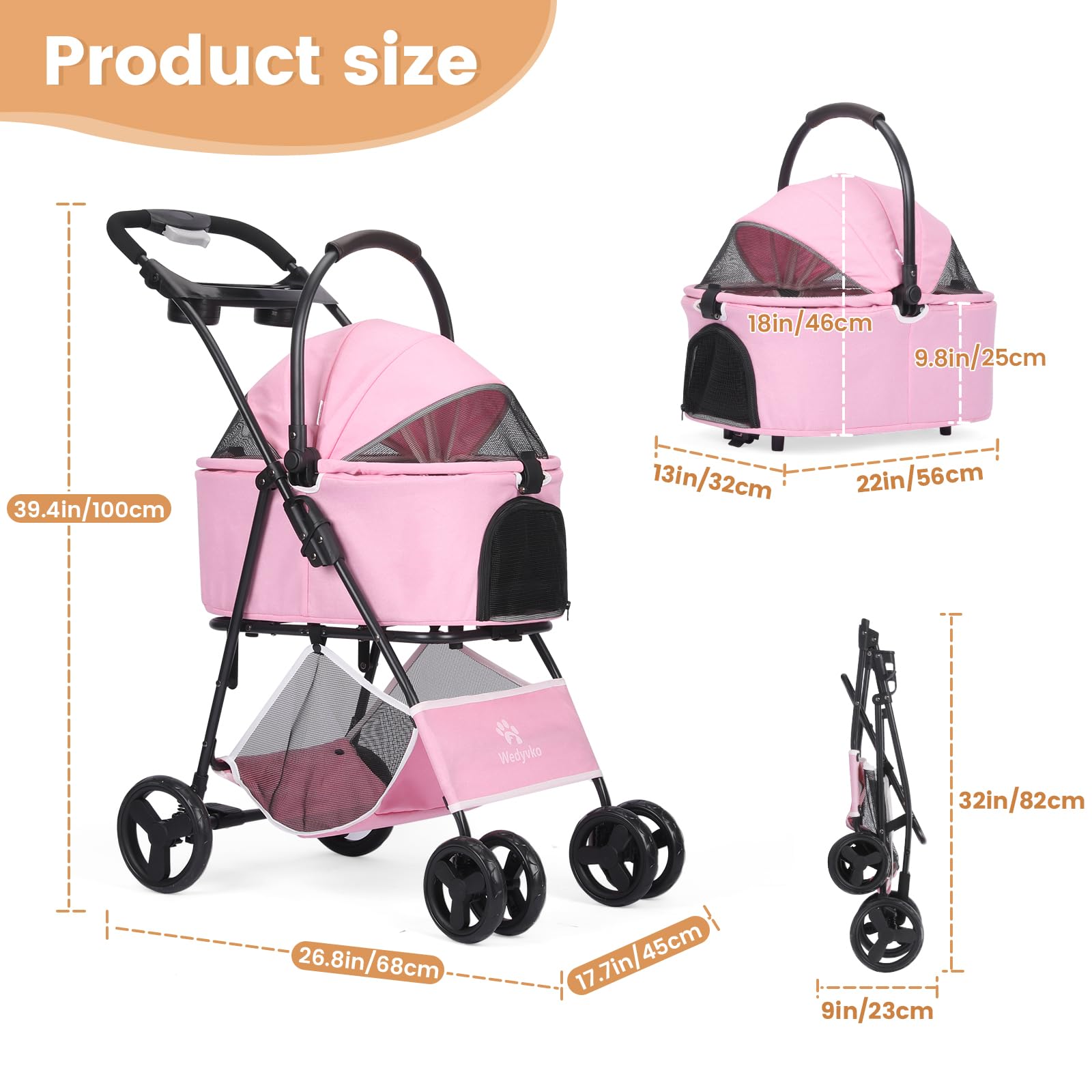 Haustier-Kinderwagen, Faltbarer Katzen-Hunde-Kinderwagen, Haustier-Hunde-Kinderwagen mit Aufbewahrungskorb, 360° Vorderrad Hinterrad mit Bremse, Leichter Reise-Kinderwagen (Rosa-P02C)