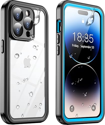 Temdan Funda impermeable para iPhone 14 Pro, protector de pantalla de vidrio templado 9H integrado [IP68 bajo el agua] [militar a prueba de caídas]